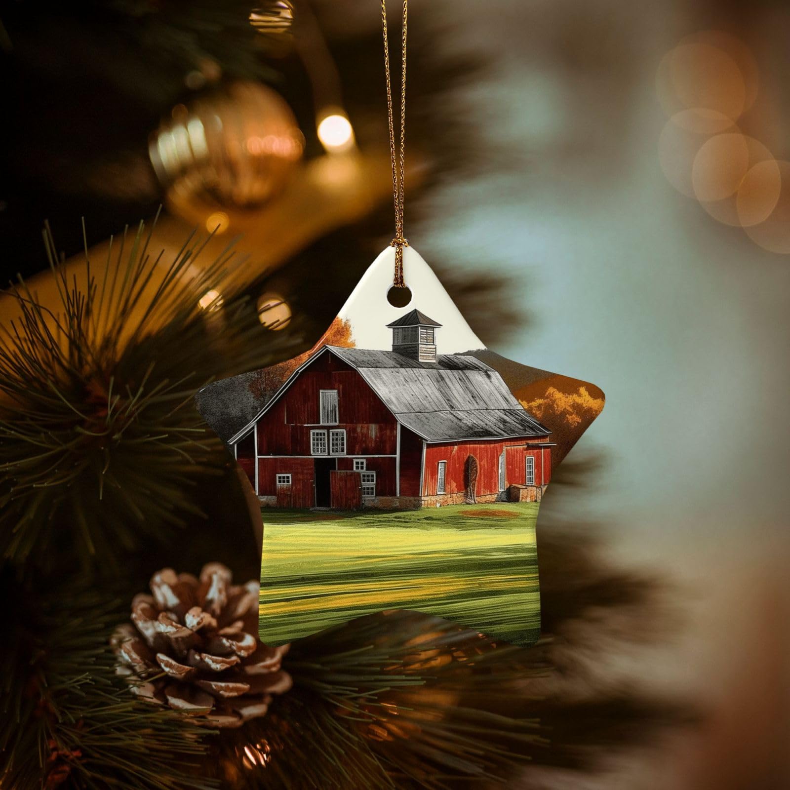 Christmas Ornaments for Christmas Tree Decoration Hanging Barn Ornament with Gold Ribbon Crafts Star Shape Ceramic Pendant for Keepsake Gifts Xmas Decor Party Supplies