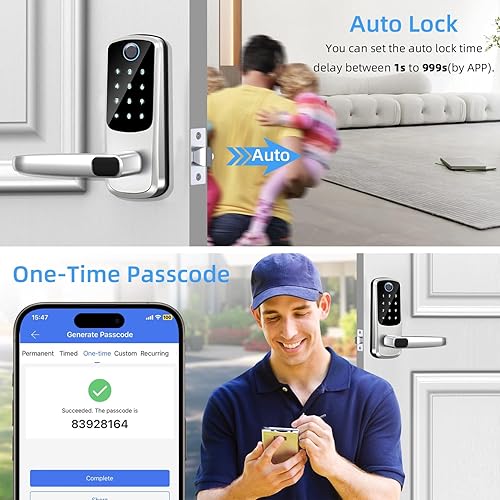 Miniatura 4 de Cerradura de puerta inteligente con asa, cerraduras de puerta de entrada sin llave, cerradura exterior con teclado de huellas dactilares 8 en 1,