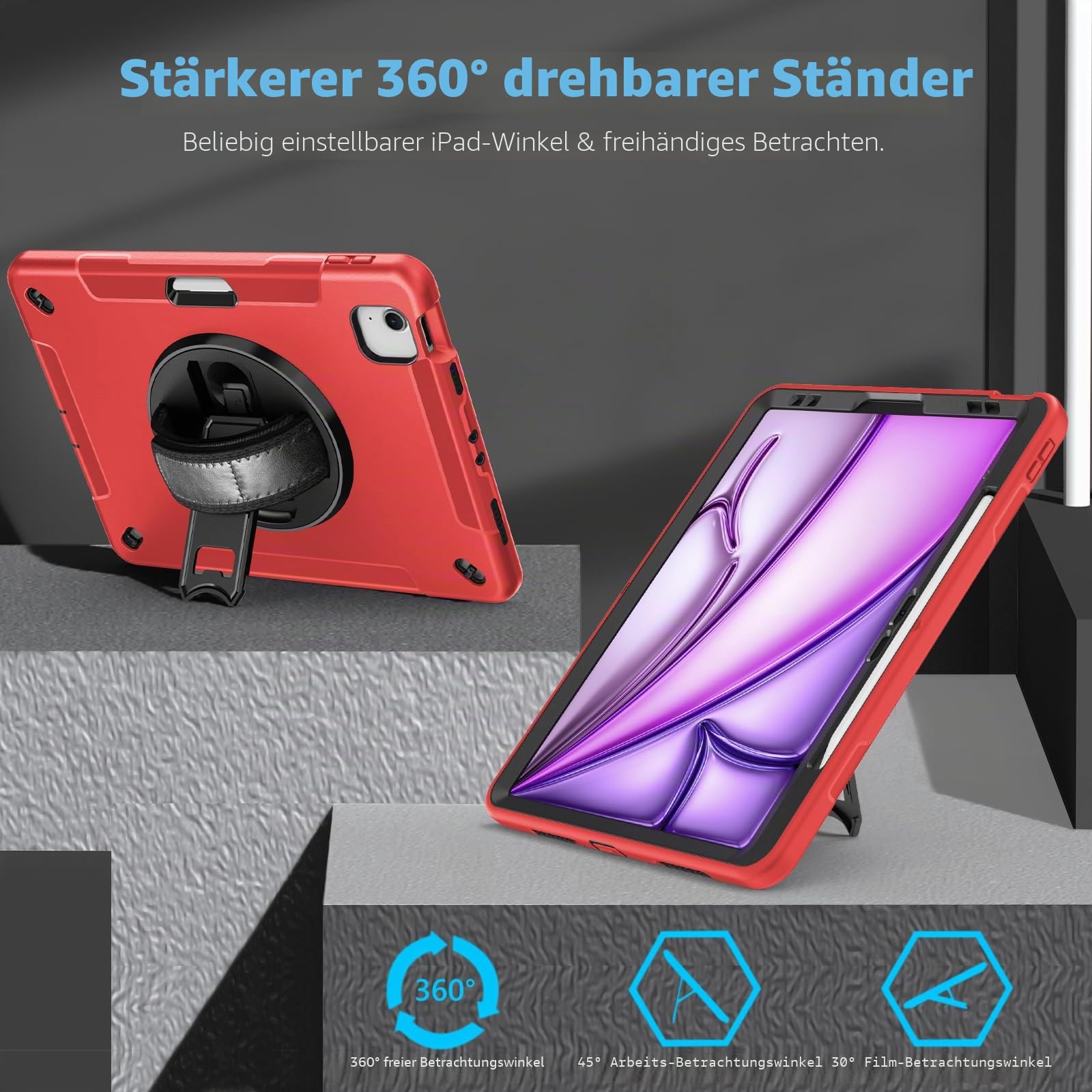 Miesherk Hülle für iPad Air 13 Zoll M4/M3/M2 2026/2025/2024: 3-Schichte robuste stoßfest Case iPad Pro 12.9 6./5. mit Displayschutzfolie-Stifthalter-Drehbarer Ständer-Handschlaufe-Schultergurt-Rot