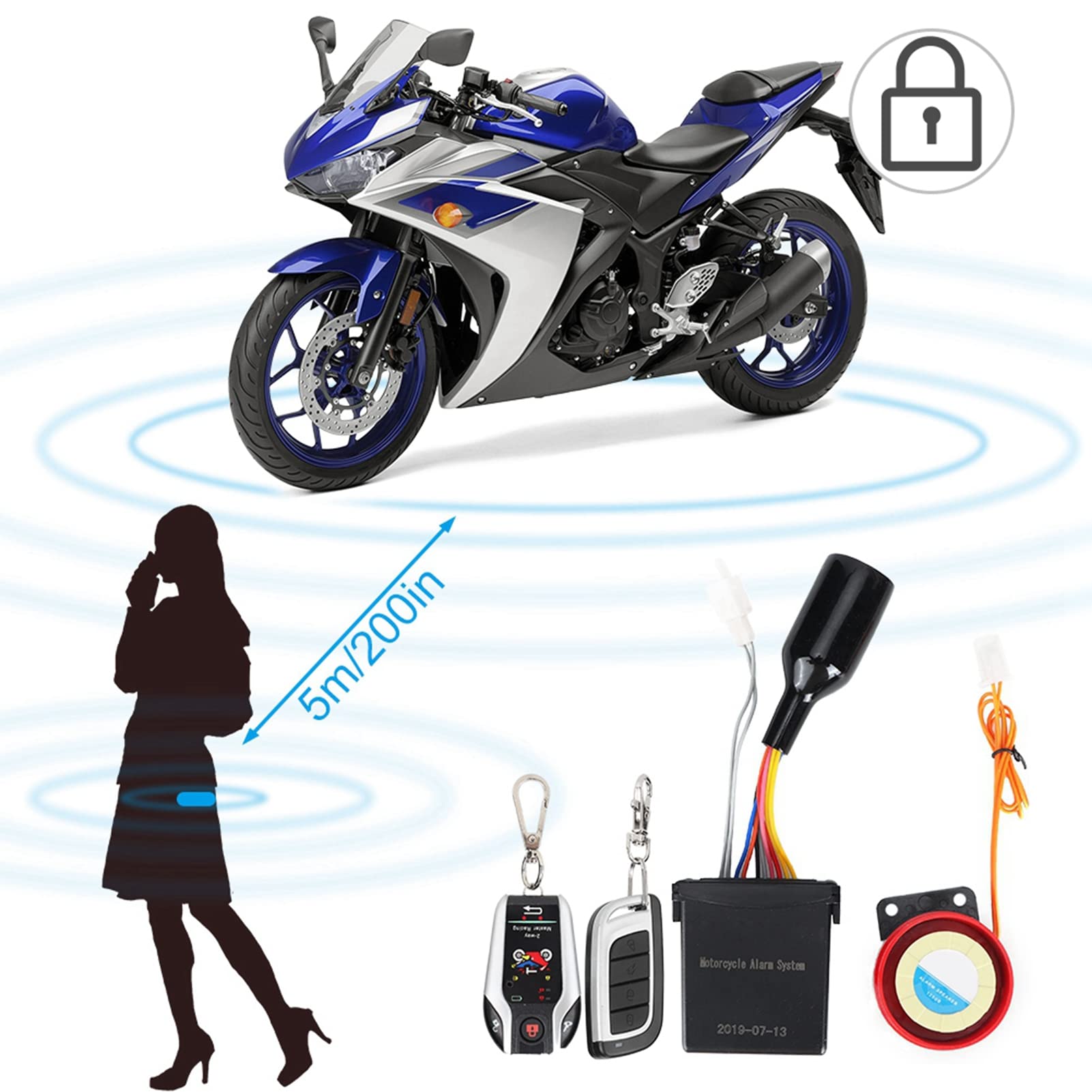 Walmeck Alarm Bezpieczeństwa Motocykla 2-drożny, Wodoodporny, Zdalnie Sterowany System Bezpieczeństwa z Rozruchem Silnika, Antykradzieżowy, Antyrabunkowy,