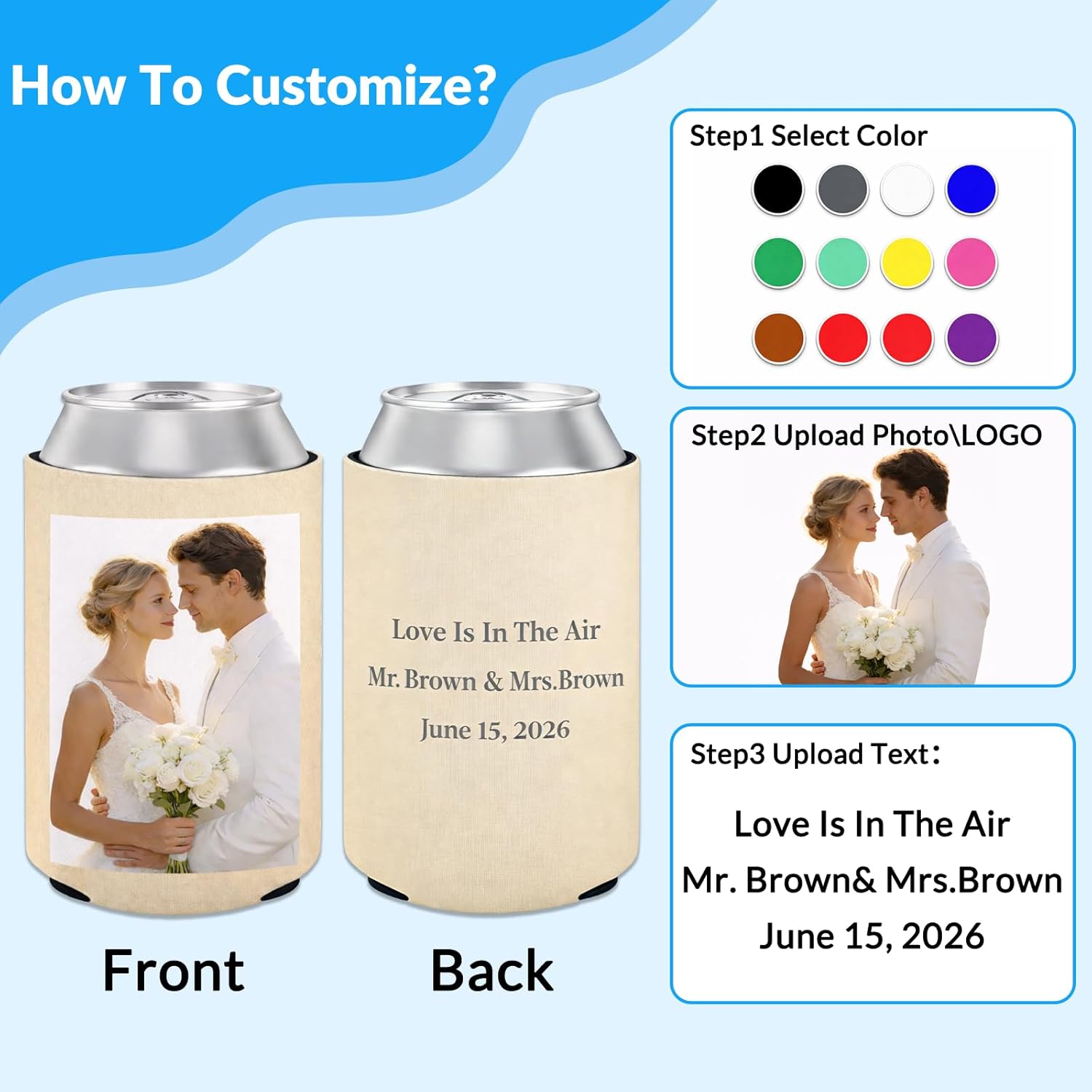 BEXOA 100 Packs Custom Can Coolers Sleeves Bulk - Personalized Drink Coozie Cooler Holders with Logo Image Photo Text for Business Birthday Party Graduation Wedding Neoprene Gifts (100)