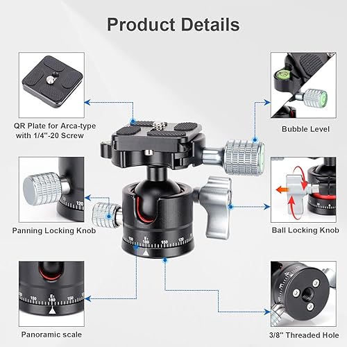 Miniatura 2 de Koolehaoda Cabeza de trípode, mini cámara de cabeza esférica, cabeza panorámica de 360  con tornillo de 14 de pulgada, placa de liberación rápida,