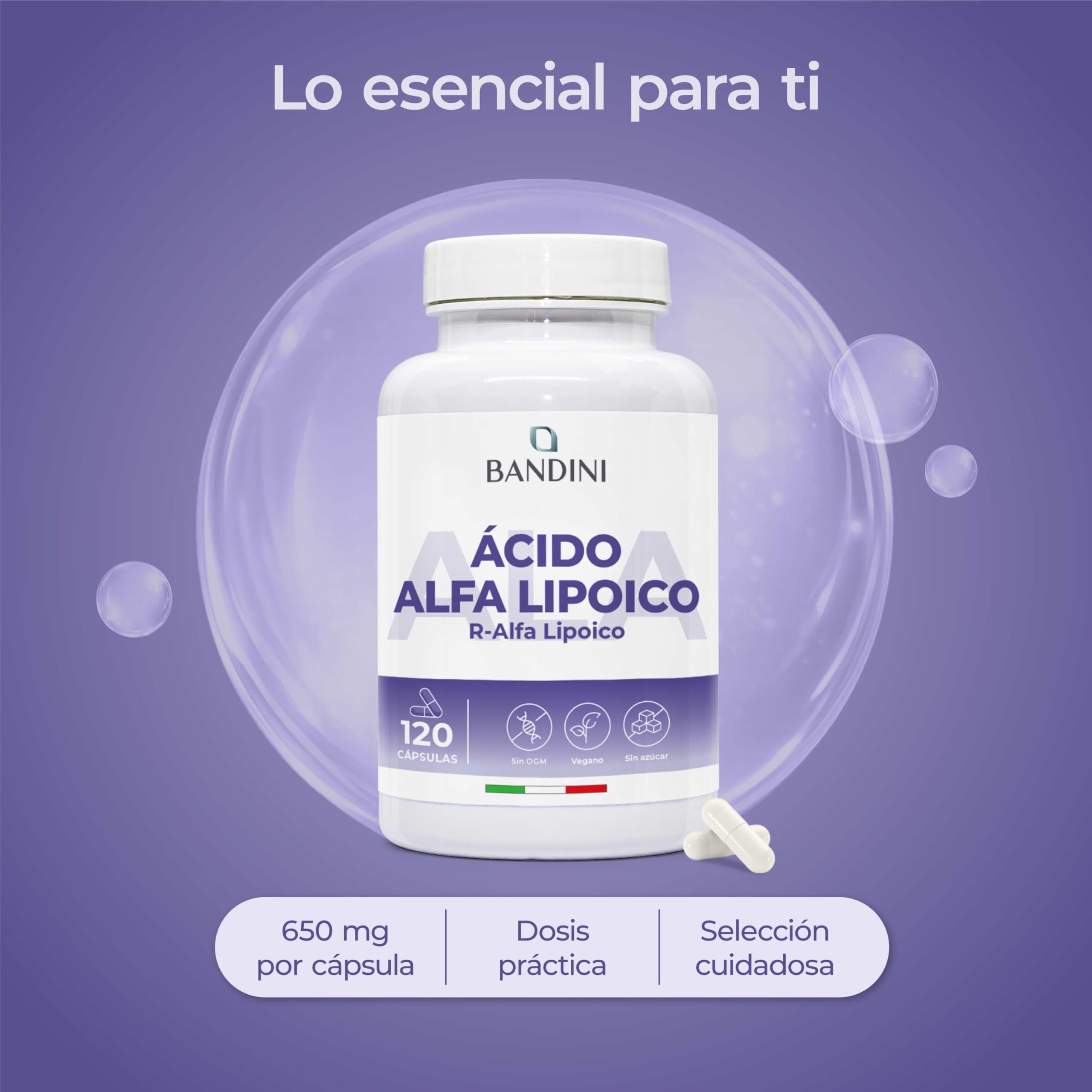 Bandini® Ácido Alfa Lipoico (ALA) 650 mg | 120 cápsulas de alta potencia para veganos | Máxima Absorción | Antioxidante Natural, ayuda a reducir la inflamación | Non GMO | Suministro para 4 meses