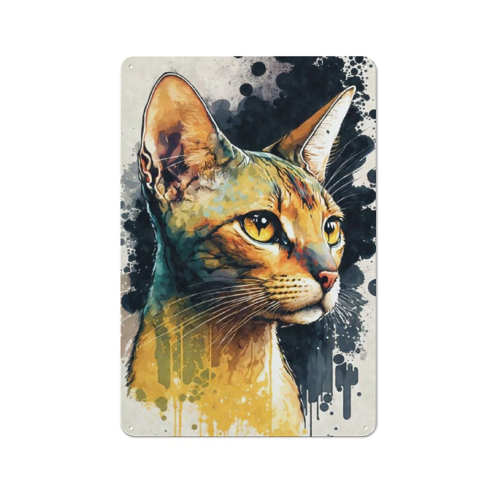 Junmoney Abyssinian Cat Watercolor Rustic Tin Sign 30X20cm, Garden Style Garden Room Wall Plaque For Conservatory, Home Bar Or Utility Room