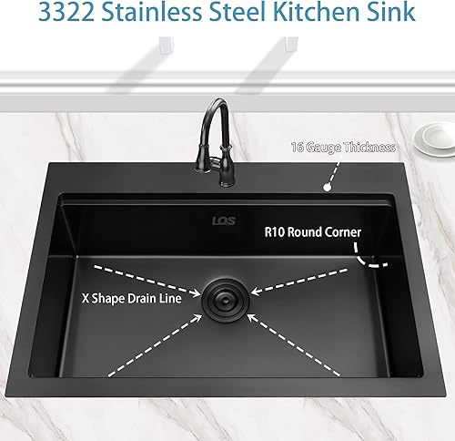 Miniatura 2 de LQS Fregadero de cocina negro, fregadero de cocina desplegable de 33 x 22 pulgadas, fregadero de acero inoxidable calibre 16, montaje superior