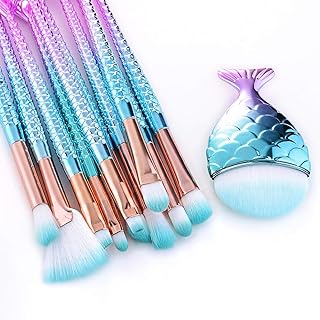 The Original Mermaid Juego de brochas de maquillaje con diseño de sirena, color azul claro, 11 piezas, bolsa de viaje incl...