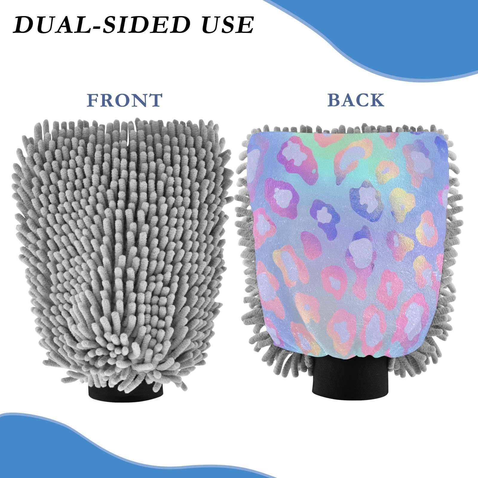 ALAZA Cheetah Print Leopard Rainbow Gradient Car Wash Mitt Scratch Free, 2 Pack Absorbent Microfiber/Chenille Washing & Drying Mitts, L