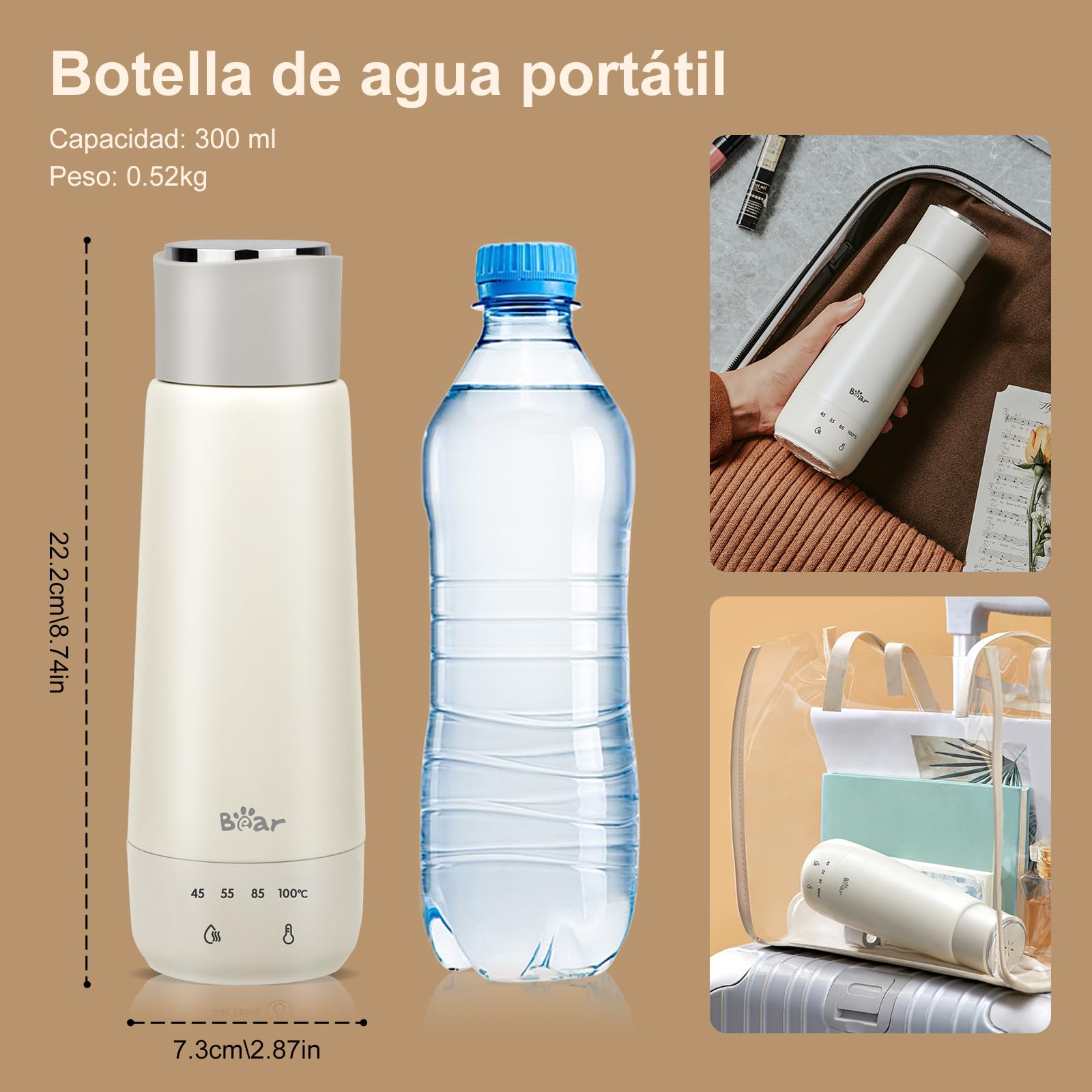 Bear 300ml 4-Temperaturas Hervidor de Agua Eléctrico, tres en uno, Hervidor de Viaje Doble Capa 304 Tanque Interior de Acero Inoxidable Portátil Pequeño Vaso Térmico Rápido
