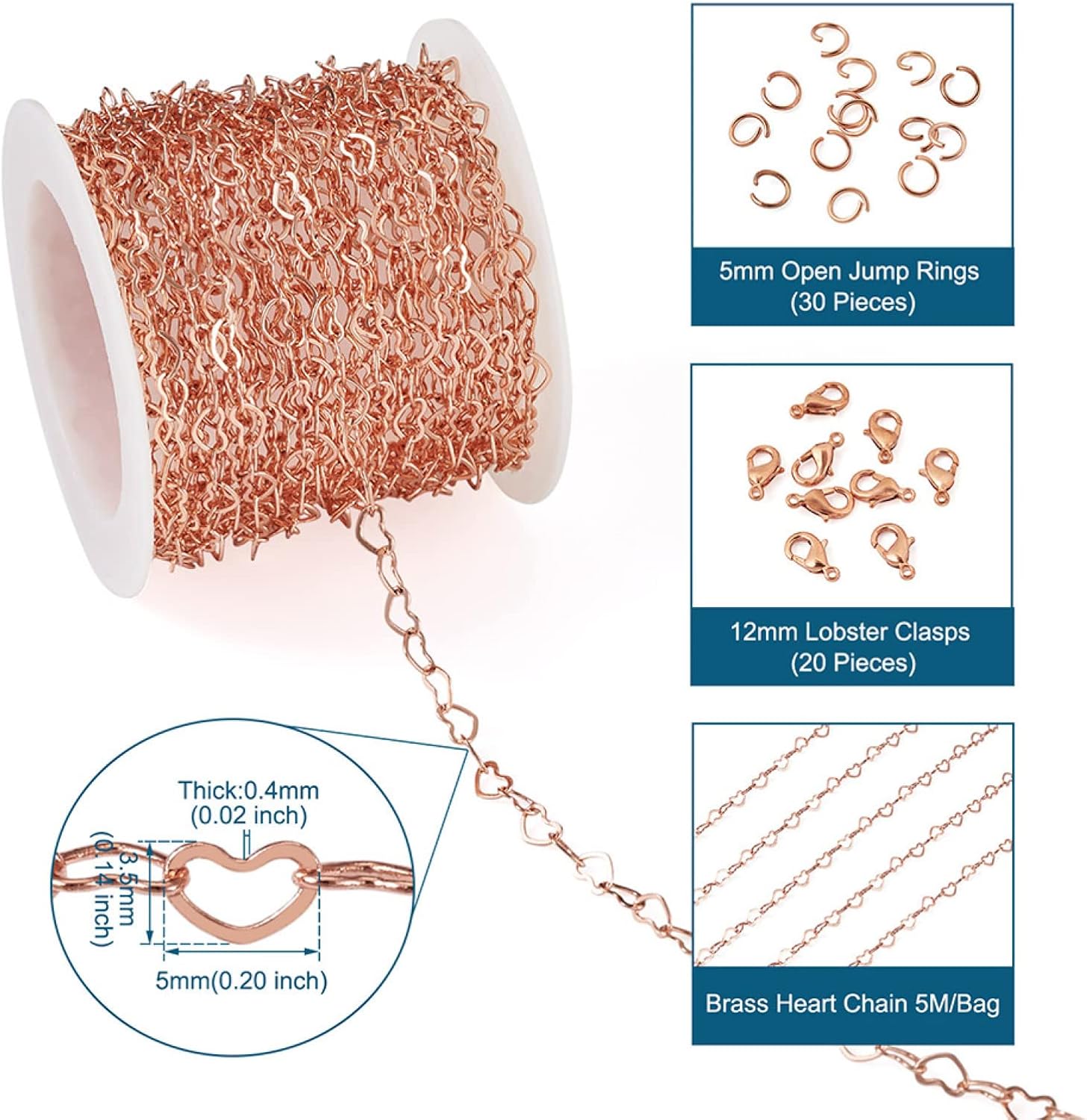 PH PandaHall 16.4 Feet Brass Heart Link Chains 18K Rose Gold Plated Heart Chains Soldered Jewelry Chains with 50Pcs Jump Rings Lobster Claw Clasps for Bracelet Necklace Jewelry Making - Image 4