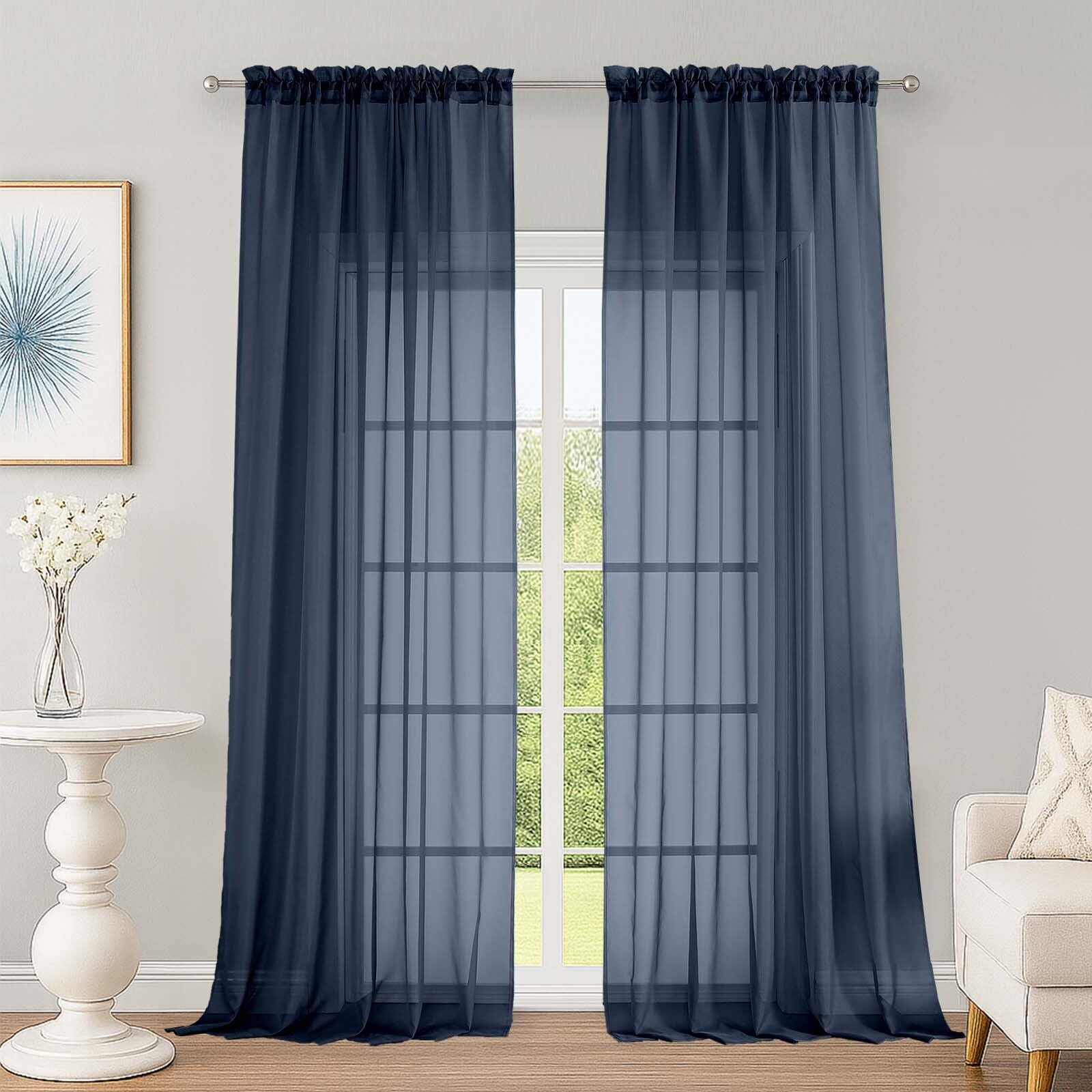 Extra Long Navy Blue Sheer Curtains 96 Inches Long 2 Panels Set, Soft Lightweight Airy Voile Sheer Curtain for Bedroom Living Room, Rod Pocket Solid Color Farmhouse Curtains, 59" Wx96 L Inch