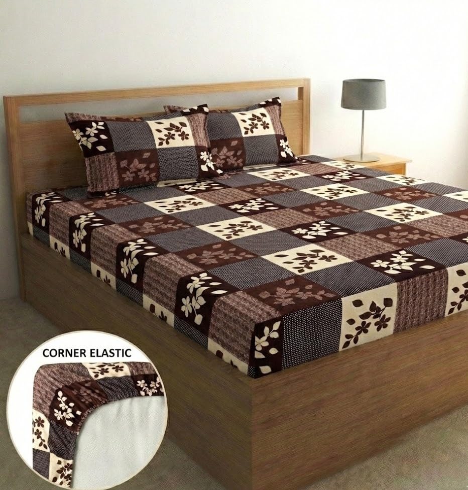 Image of Fashion String Microfibre Brown Floral Corner Elastic Fitted Double Bedsheet (72x78 Inches) with 2 Pillow Covers
