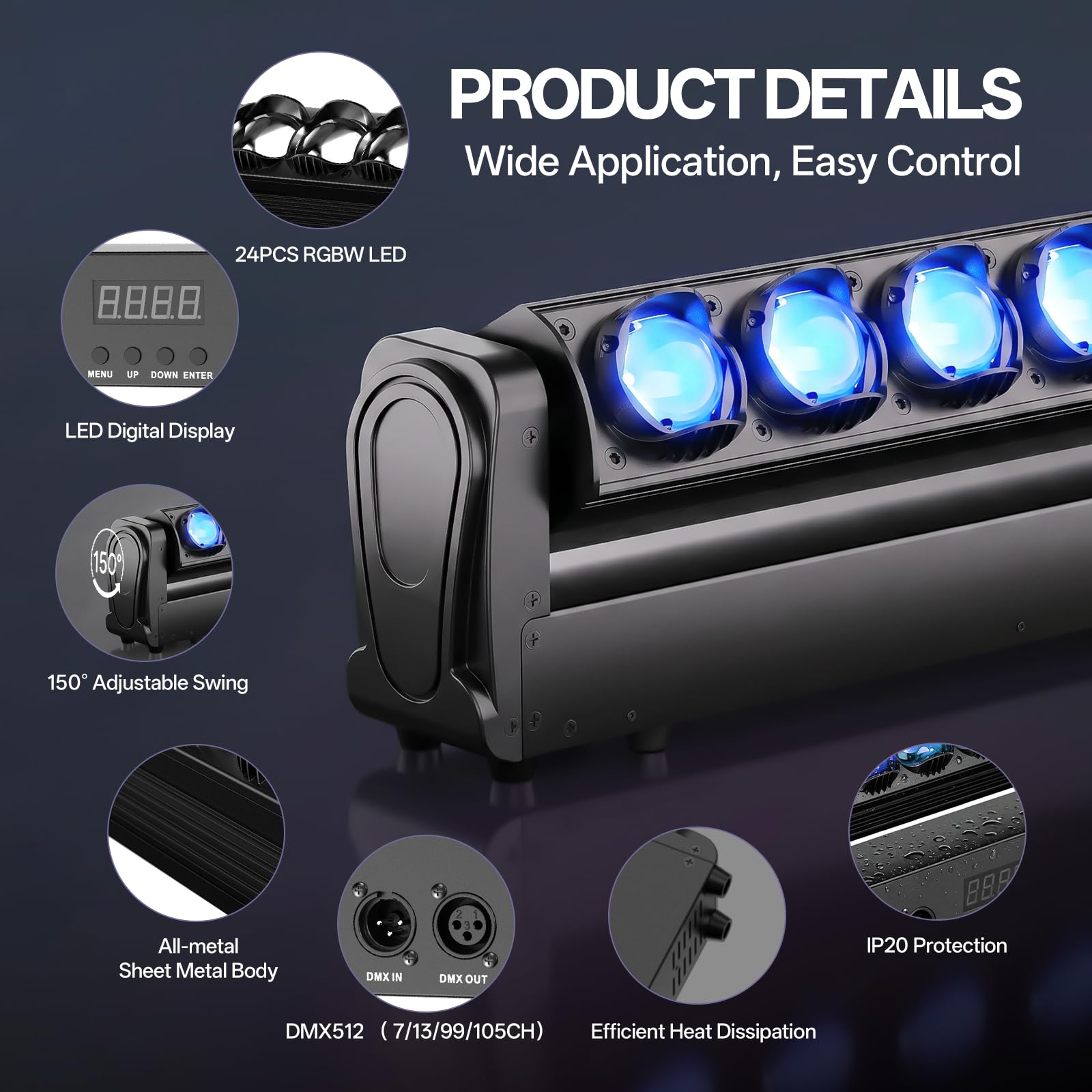 Barra Wash a Teste Mobili a LED RGBW 24x12W, Fascio 2° con stroboscopio e Dimmer d-mx512 Attivazione Sonora per Palcoscenico Matrimoni DJ Feste e Discoteche