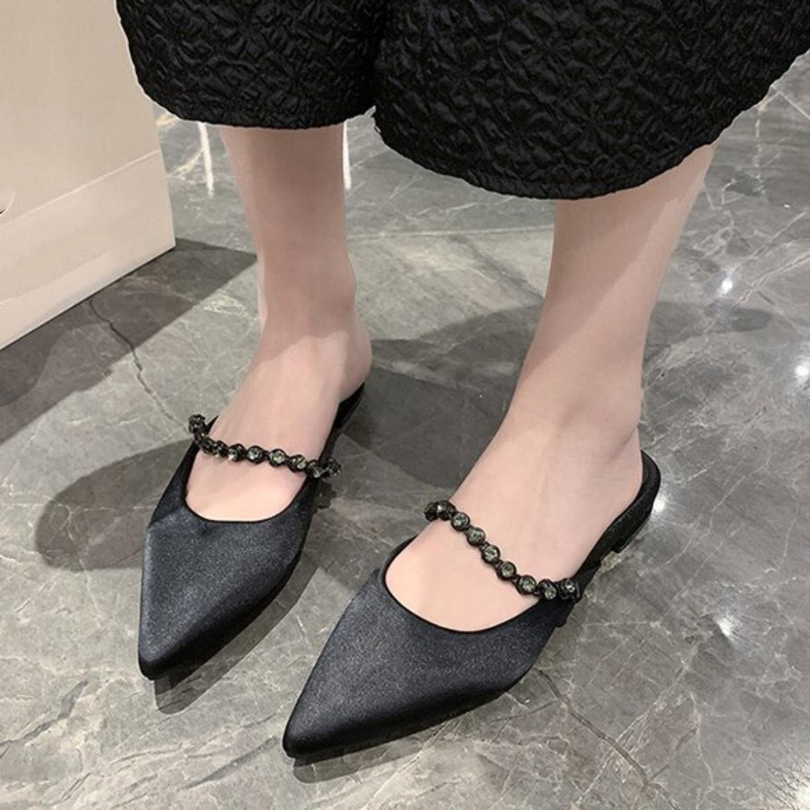 Genérico Mujer Punta Puntiaguda Sandalias Mule Planas con Diamantes