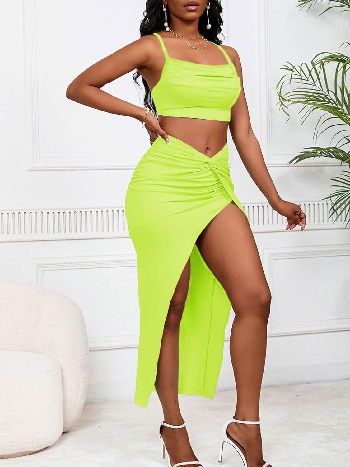 Women's Sexy 2 Piece Skirt Sets Spaghetti Strap Top Ruched Slit Skirt Bodycon Long Dress - Image 3