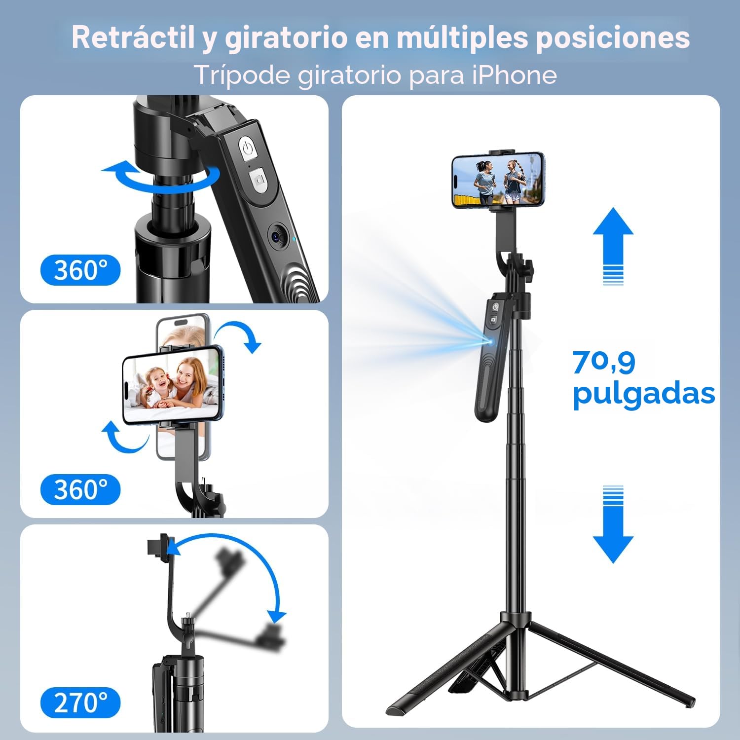 yAyusi Seguimiento Automático de Rostros Trípode Rotación 360°, 180cm Con Sensor y Soporte, Sin App, Control de Gestos, Palo Selfie Inteligente para Video/Vivo