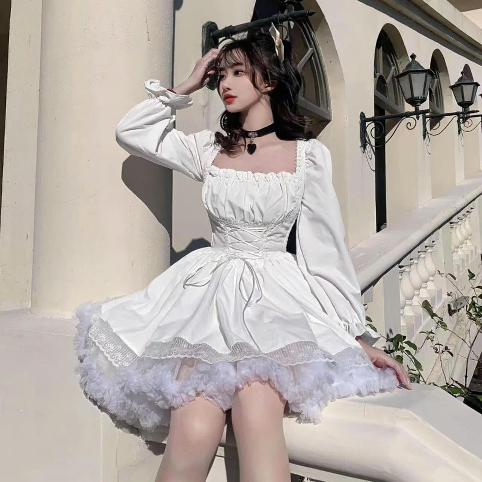 Robe Blanche à Manches Longues en Dentelle Gothique Noire Patchwork Streetwear col carré-Noir-L