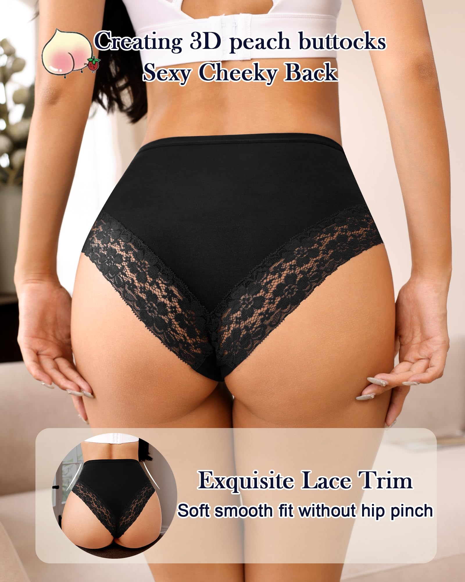 OLIKEME Ropa interior de cintura alta para mujer, de algodón, sexy, con encaje, invisible, suave, elástica, paquete de 3
