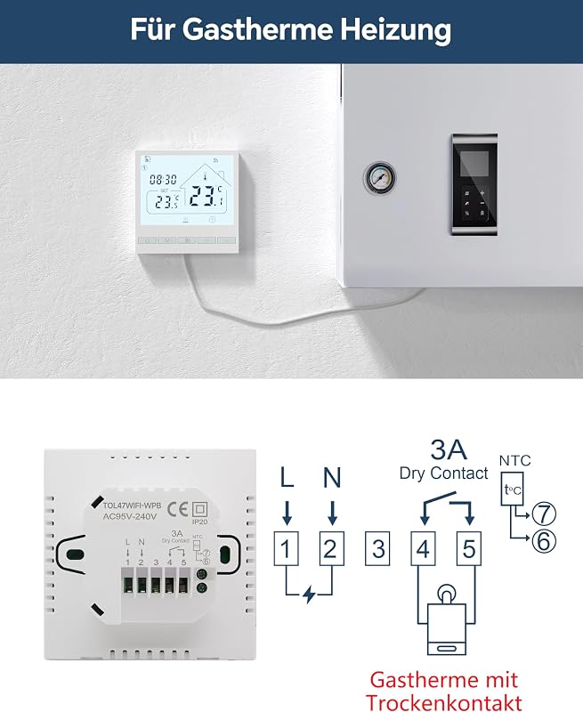 BEOK TOL47WIFI Okos WiFi Termosztát Gáz/Víz Kazánhoz és Padlófűtéshez - Programozható, Alexa és Google Asszisztens Kompatibilis