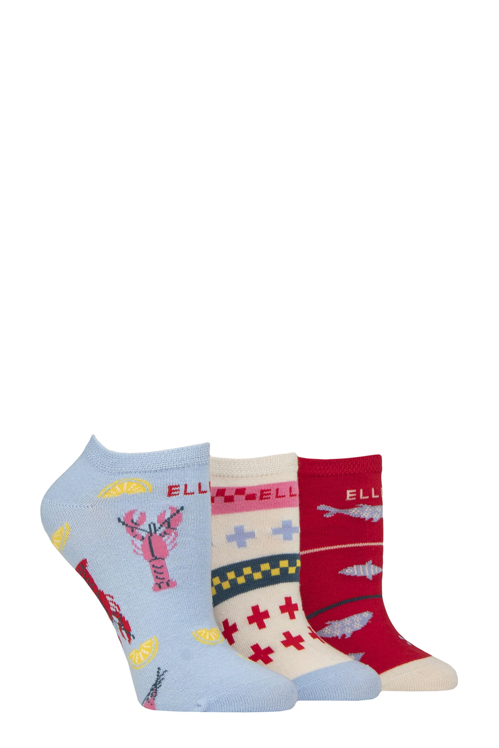 Elle Ladies No-Show Socks - Soft Cotton in Plain, Stripe and Patterned Styles Multipack of 3 Size 4-8 (UK, Numeric, 4, 8, Regular, Regular, Seafarer Patterned)