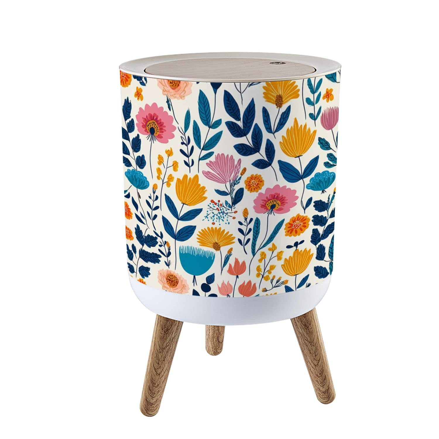 Trash Can with Lid Colorful Floral Featuring Blue Orange Blooms Cream Press Top Round Small Garbage Bin with Wooden Legs Waste Basket for Kitchen Bedroom Nursery 7L/1.8 Gallon