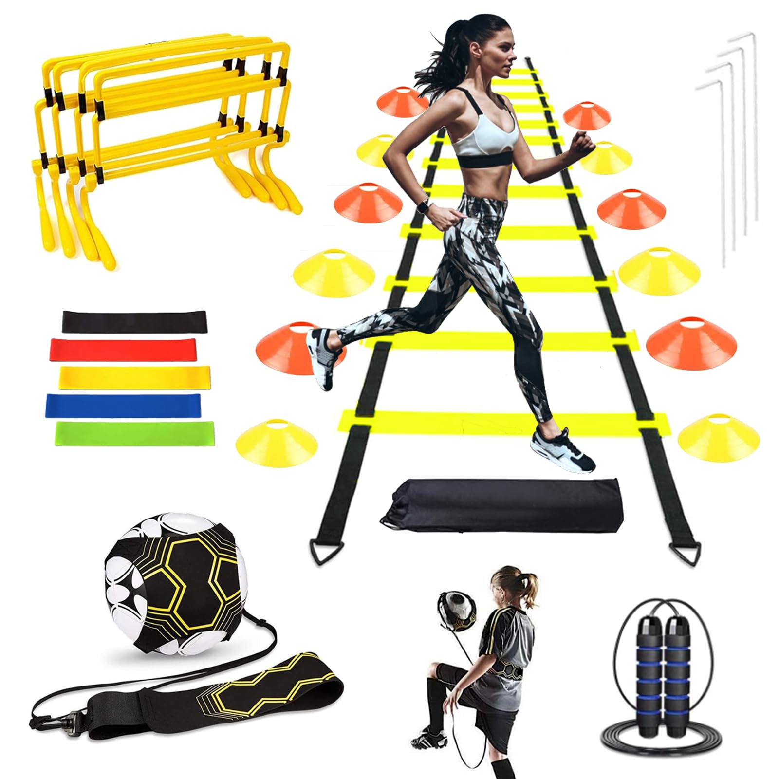 YGORTECH Football Training Set Coordination Ladder Football Training Accessories With 6 M Training Ladder 20 Cones, Hurdles, Resistance Parachute