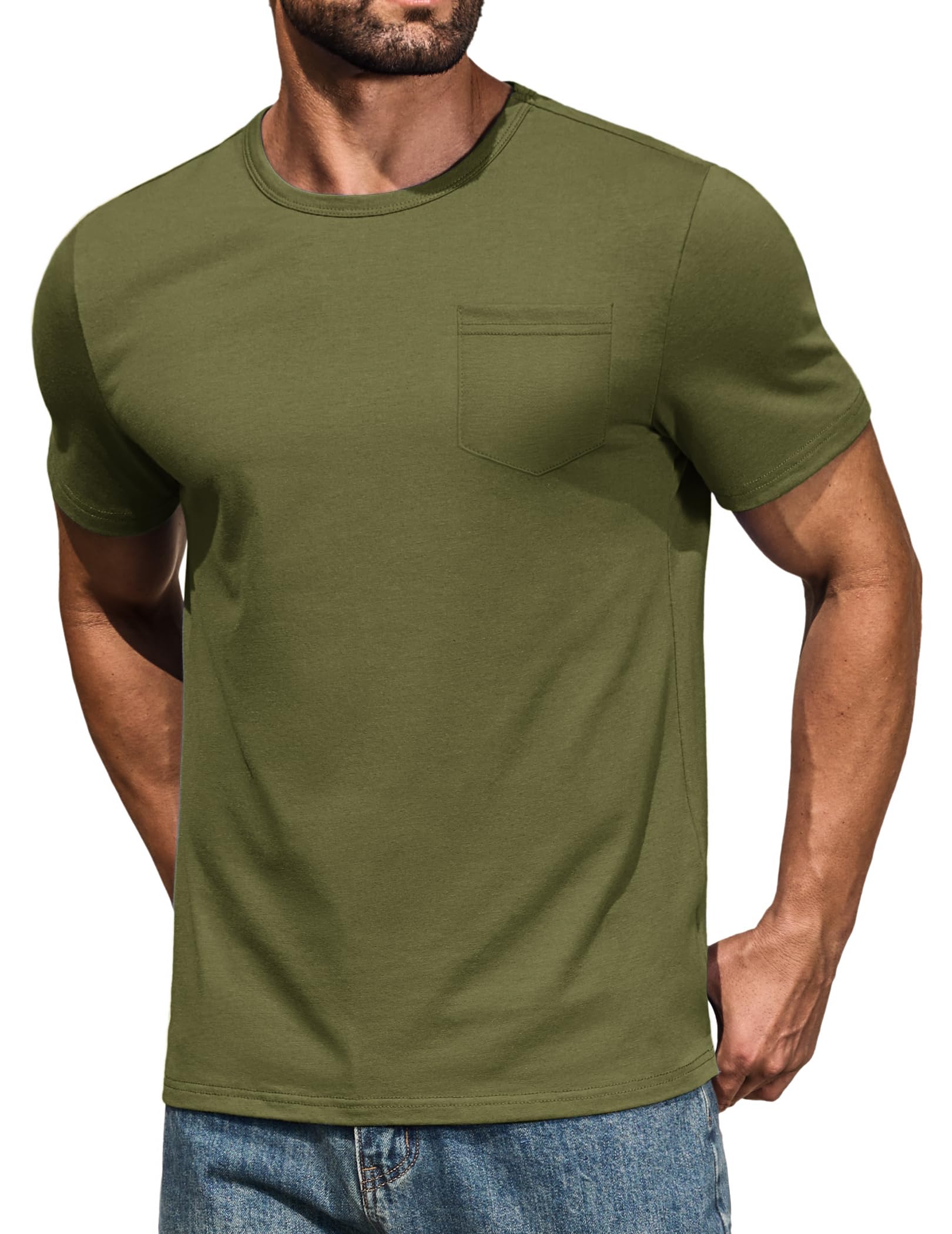 COOFANDY Mens Cotton Pocket Tee Shirts Soft Crew Neck Stretch T Shirt Plain Casual Short Sleeve Summer Basic