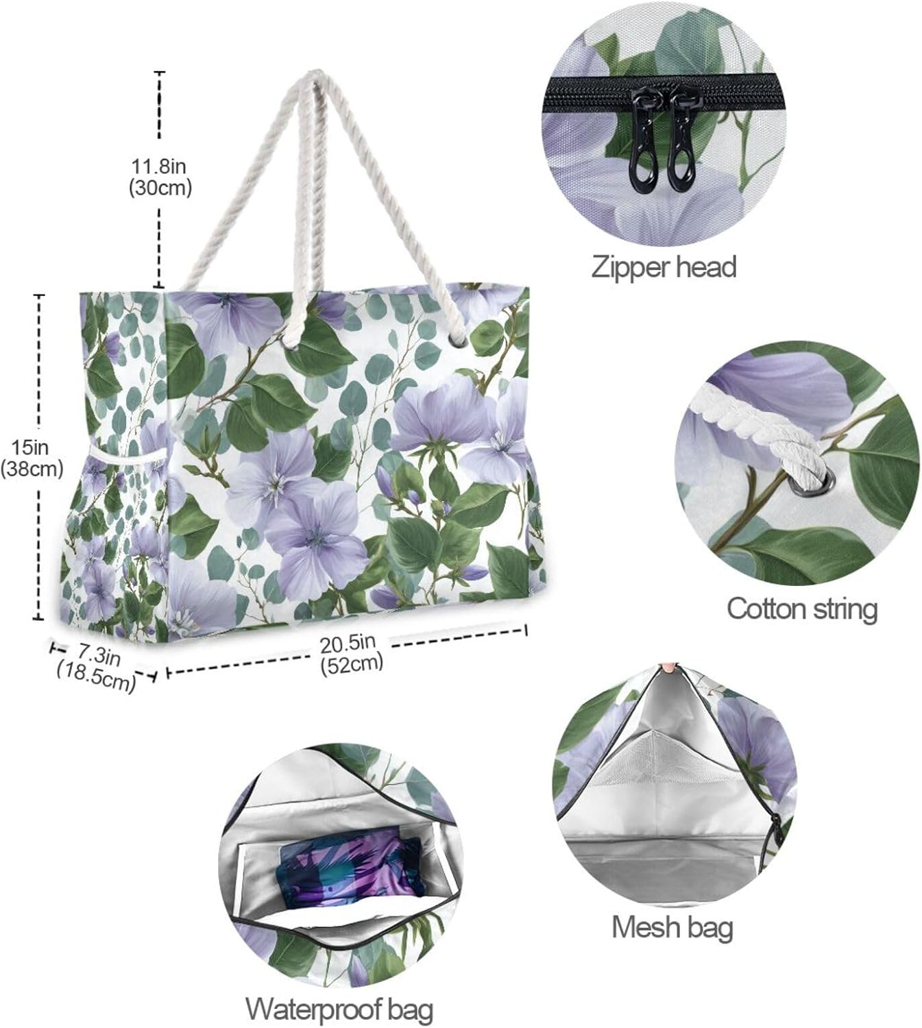 OTVEE Pastel Purple Periwinkle Pattern Beach Bags for Women Ladies Large Canvas Tote Shoulder Bag Waterproof Travel Bags for Gym Swim Pool Camping