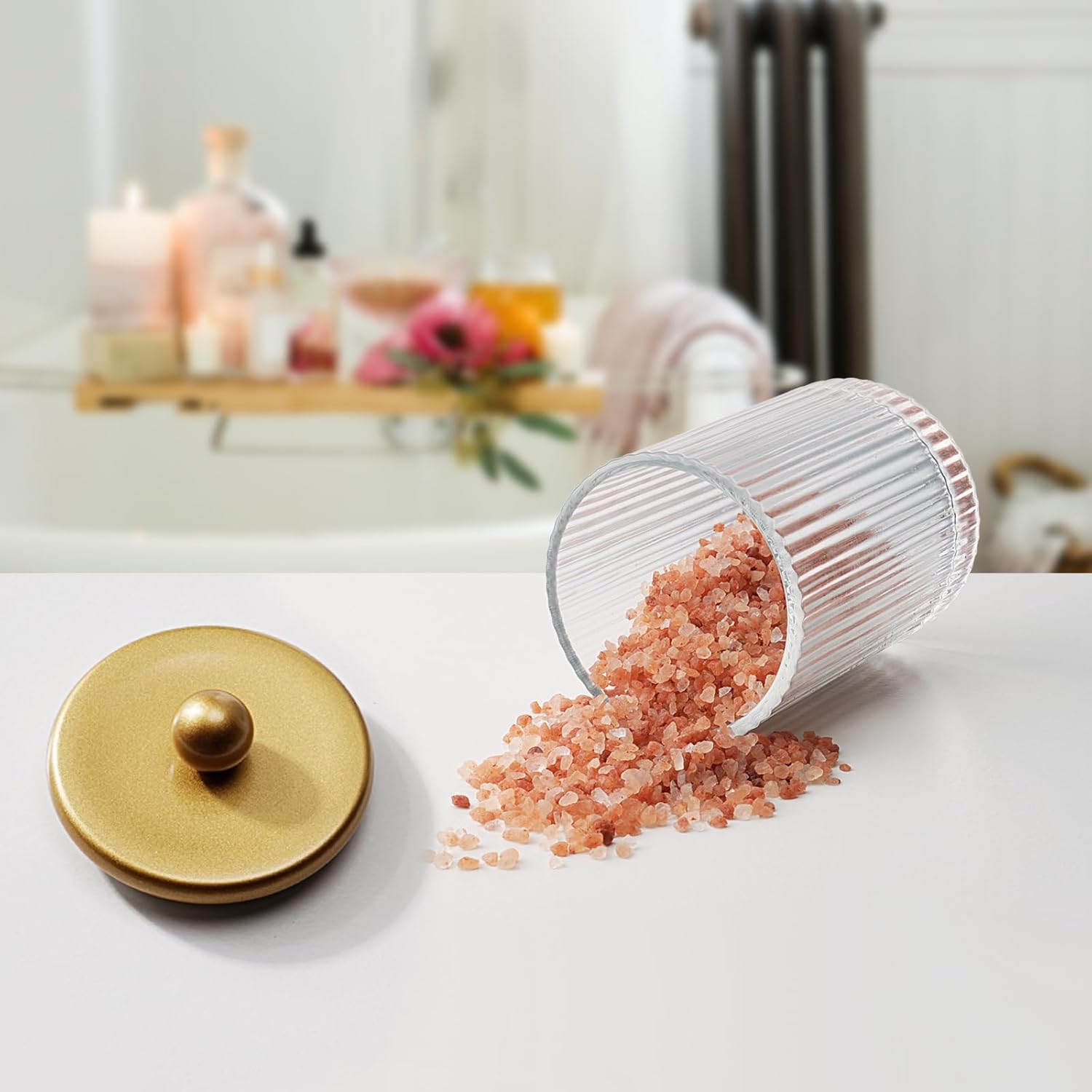 SheeChung Ribbed Glass Qtip Holder Dispenser, Countertop Vanity Canisters & 6 Mason Jar Bathroom Accessories Set, Hand Soap Dispenser, Toothbrush Holder, Soap Dish, Metal Basket, Green Bathroom Decor