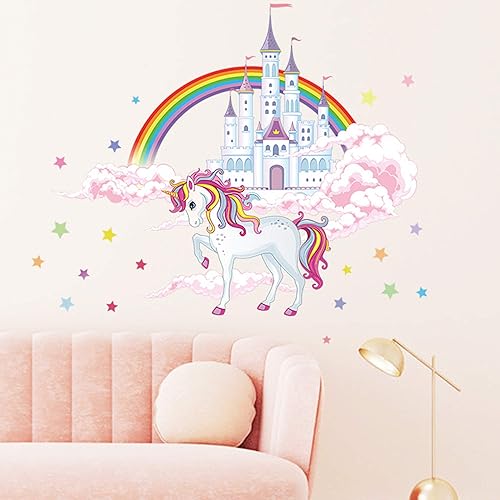 Miniatura 2 de ROFARSO Colorido unicornio castillo estrellas arco iris nubes grandes calcomanías de pared despegar y pegar, calcomanías de pared extraíbles DIY