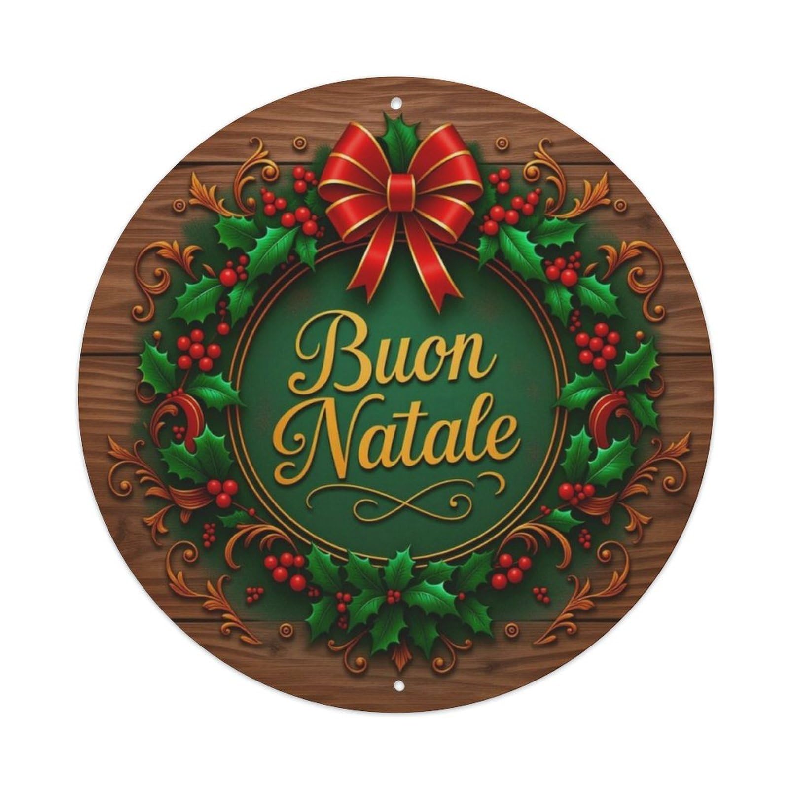 Italian Buon Natale Holly Bow Wood Texture Round Wall Sign Vintage Aluminium Metal Sign, Retro Wall Decor for Home, Bar, Garage & Farmhouse 20x20cm