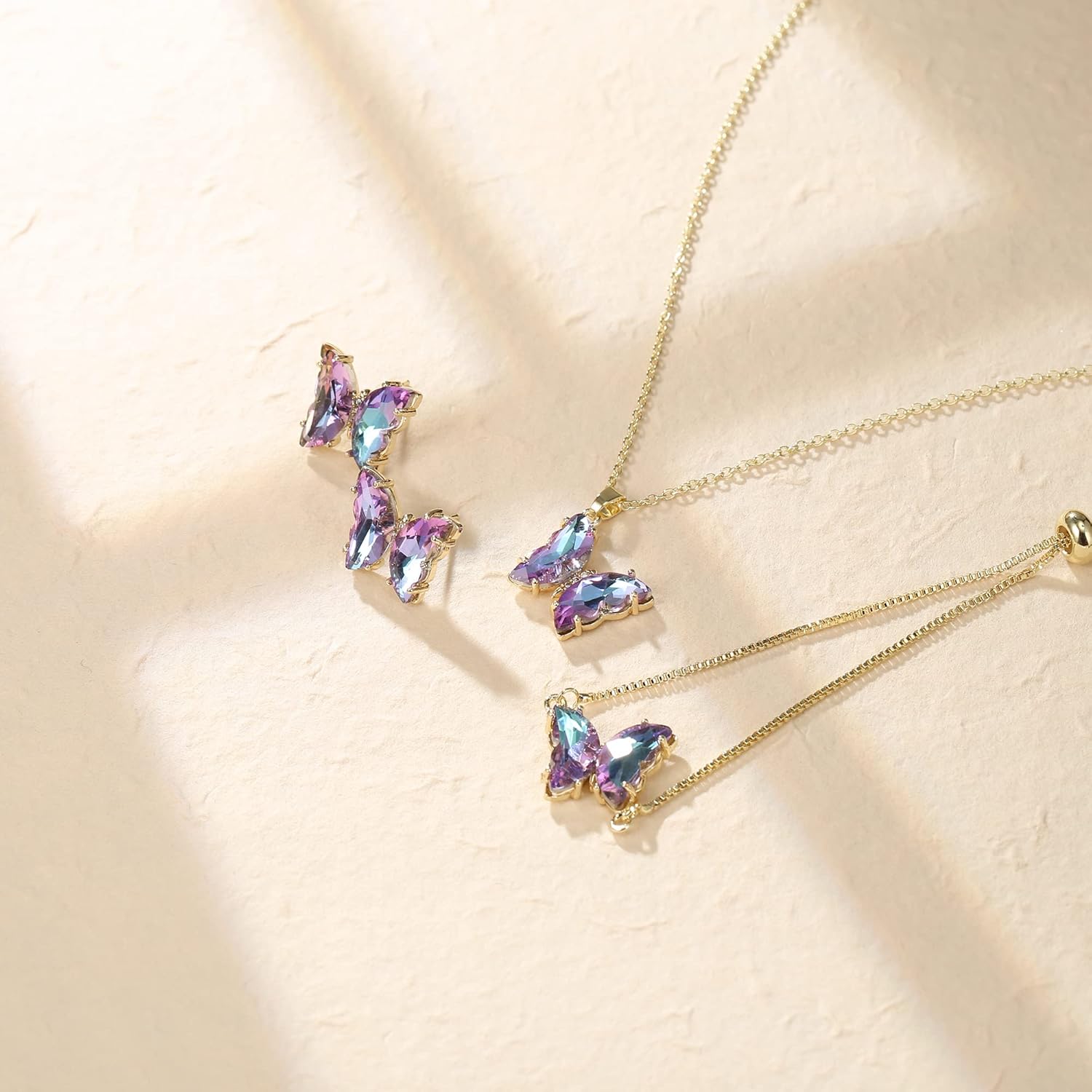 Crysdue Sparkling Cubic Zirconia Butterfly Necklace Stud Earrings Adjustable Slider Bracelet Jewelry Set, Birthday/Valentines/Mothers Day/Christmas Jewellery Gift for Women - Image 4