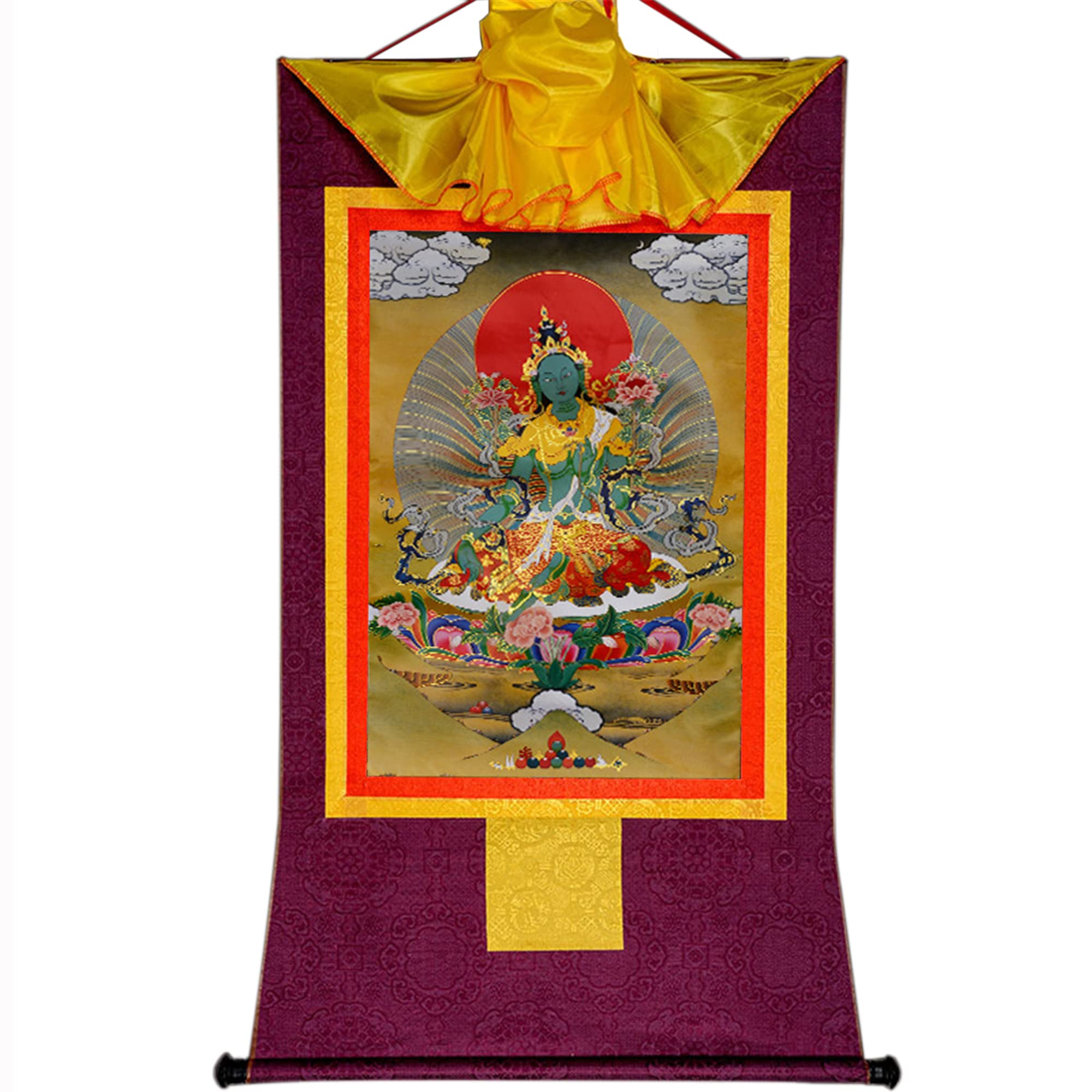 Gandhanra Tibetan Buddhist Thangka Wall Hanging,Shyama Tara,Green Tara Thangka,Hot Stamped Brocade Buddhist Tapestry for Zen Home Decor, Meditation, Spiritual Relaxation