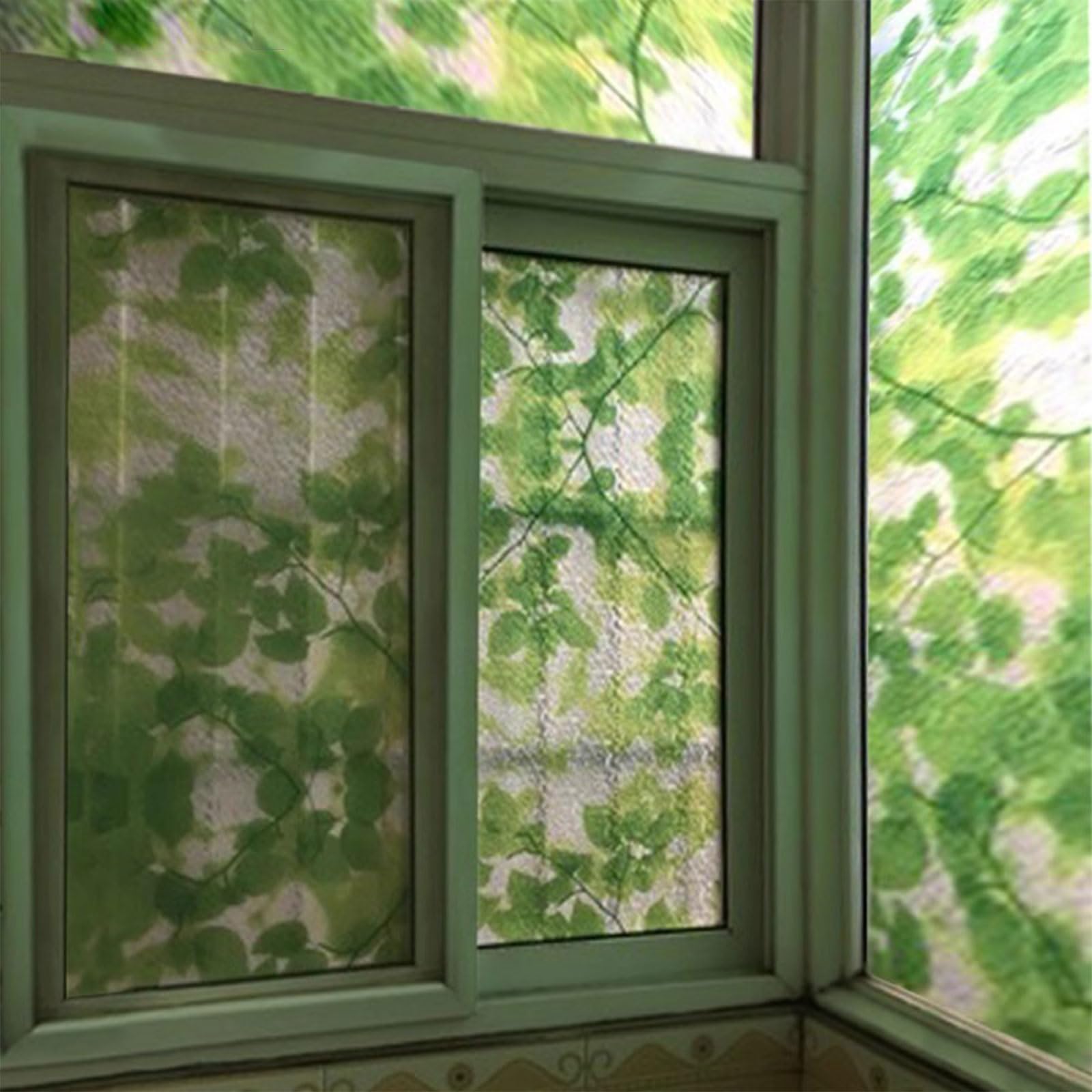Eiauiuo 3D Window Film Static Adhesive With Green Leaves Pattern – Self-Adhesive Opaque Frosted Glass Privacy Film For Home & Office – Sun Protection, Decorative Window Film For Privacy, Static Cling(