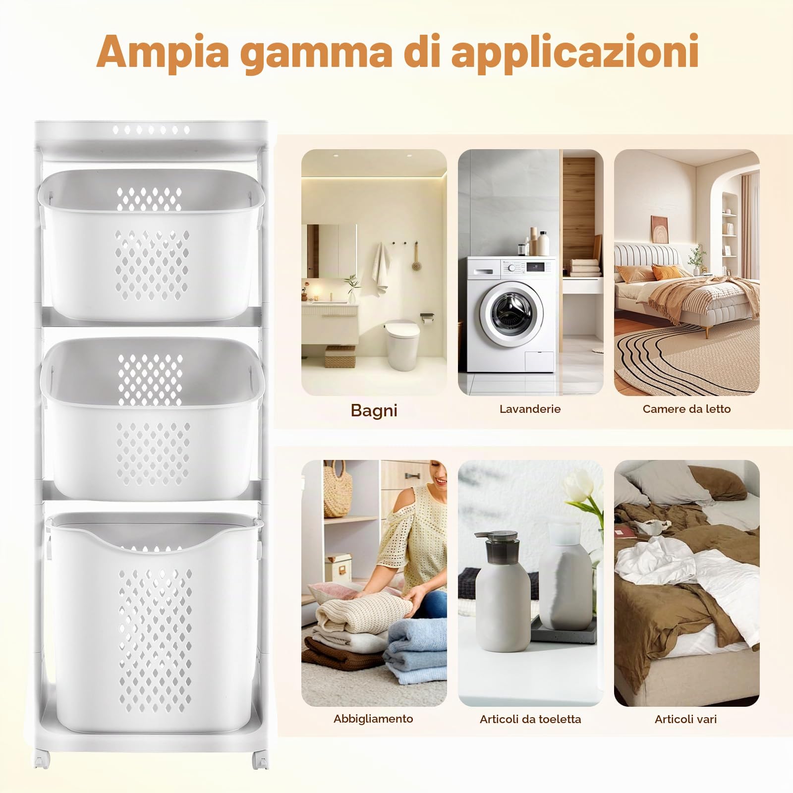Cesto portabiancheria su rotelle, con 3 scomparti, in polipropilene, per vestiti, giocattoli, 43 x 33 x 109 cm, bianco