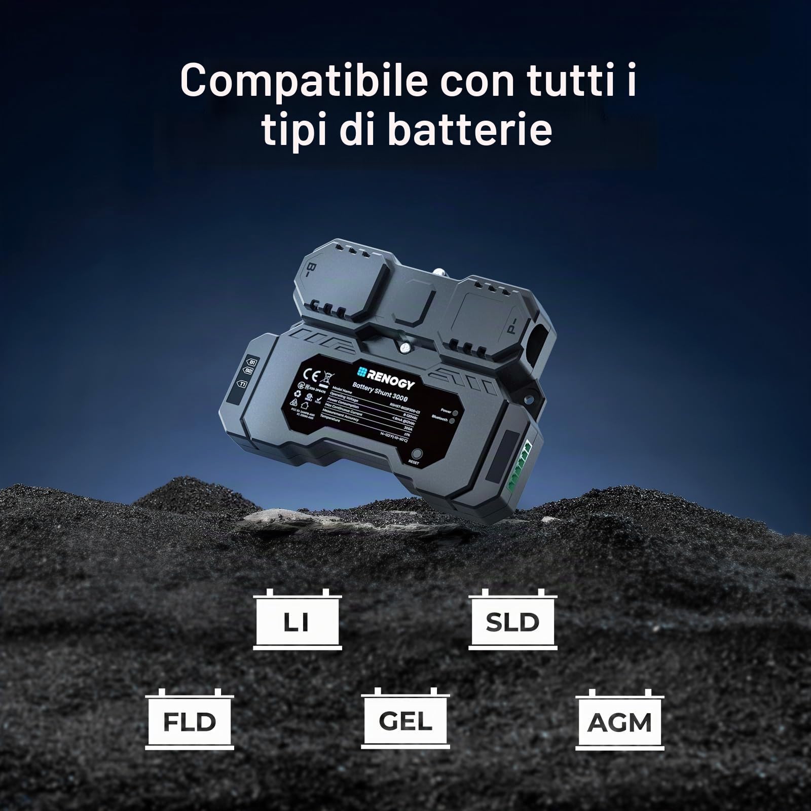 Renogy Battery Shunt 300 con Bluetooth integrato, misura tensione e corrente della batteria, compatibile con piombo acido, LFP, Li-ion e Ni-MH