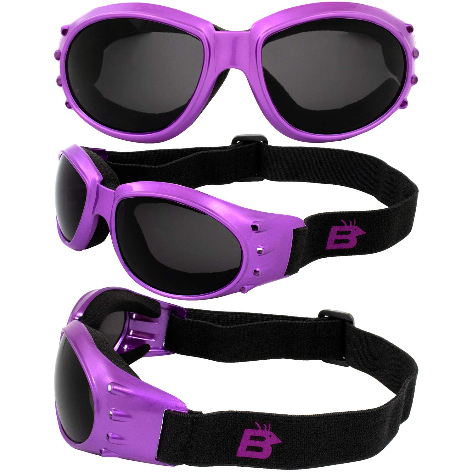 Birdz Eyewear Eagle Lot de 3 paires de lunettes de moto rembourrées en mousse Violet fumé transparent et violet ReflecTech