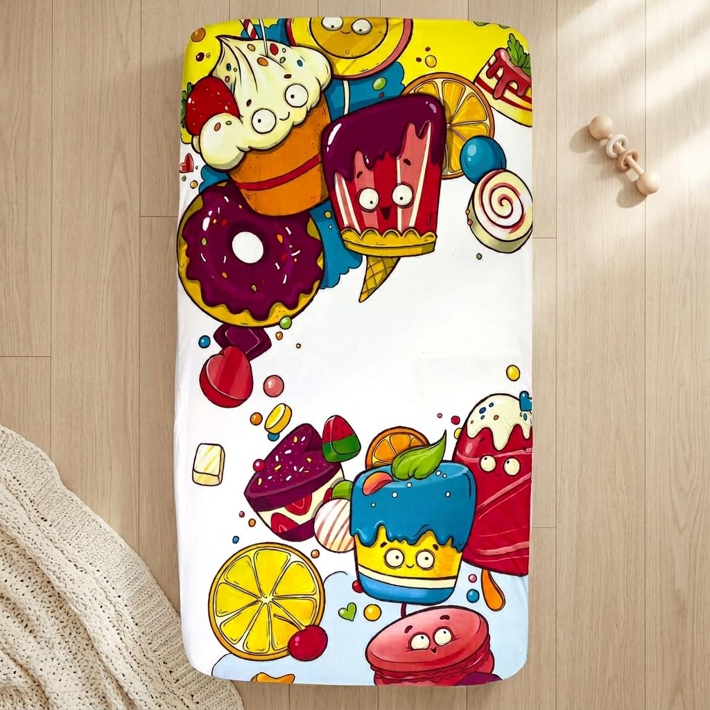 Sábana bajera ajustable para cuna de bebé, 100 % algodón, suave, transpirable, elástica, para cuna de tamaño estándar, ropa de cama de guardería, certificado Oeko-TEX, adorable patrón de dulces para