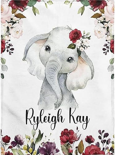 Miniatura 2 de NAZENTI Manta de bebé personalizada para niña, manta de bebé personalizada con nombre, manta de nombre de bebé con elefante floral, manta
