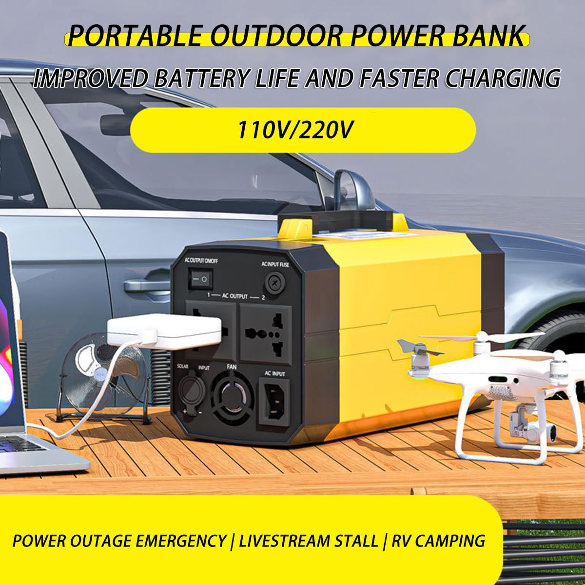 Przenośny zasilacz z gniazdkiem, 300W przenośny zasilacz do użytku na zewnątrz, solarny, bateria litowa, AC 110V/60Hz lub 220V/50Hz, DC 12V do biwakowania i kamperów (110v 60000mha)