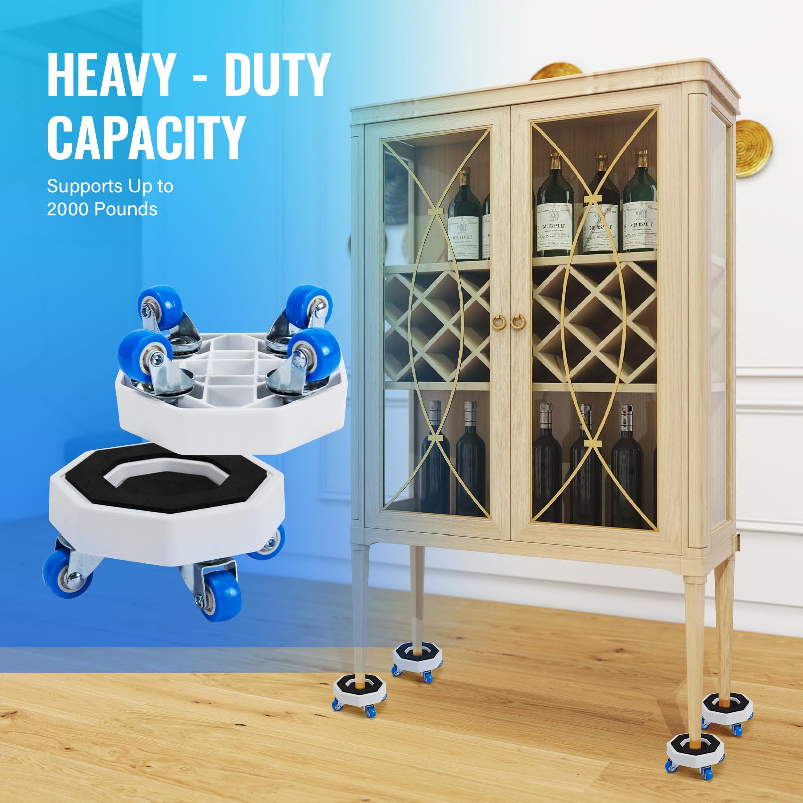 Set di 4 cursori per mobili, sistema di movimentazione per mobili con carrello a rullo, set di attrezzi per il movimento; set 750LBS- 4 cursori esagonali con 4 ruote blu e asta mobile