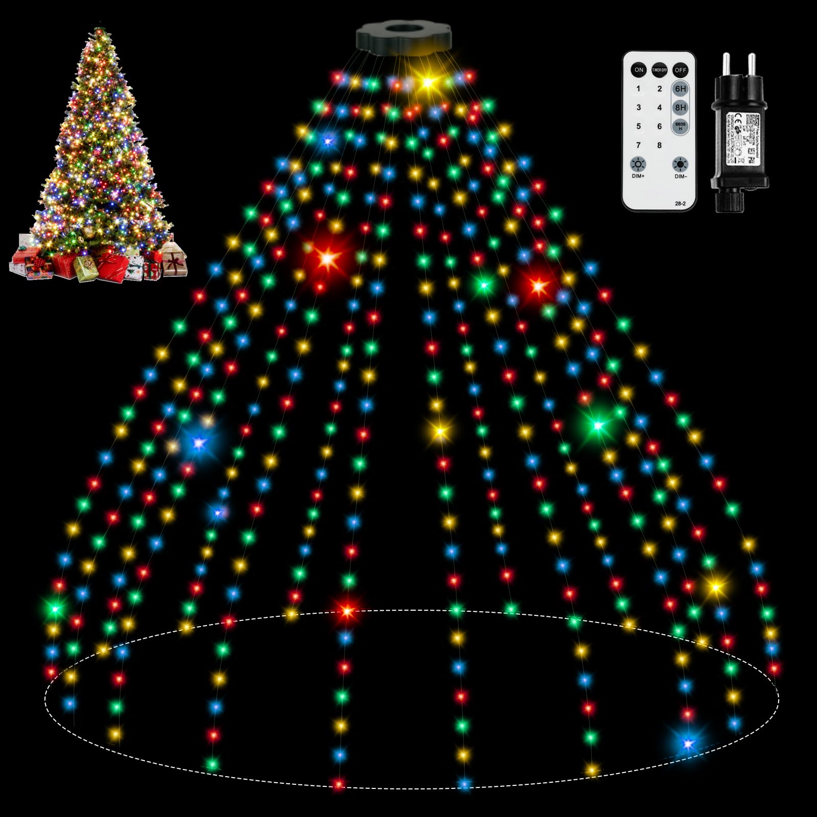 SKELO Luces Arbol Navidad 400LED 2.5M*16 8 Modos IP65 Mando a Distancia Temporizador Cadena de Luces para Árbol de Navidad con Anillo LED Luces de Arbol de Navidad Interior Exterior RGB