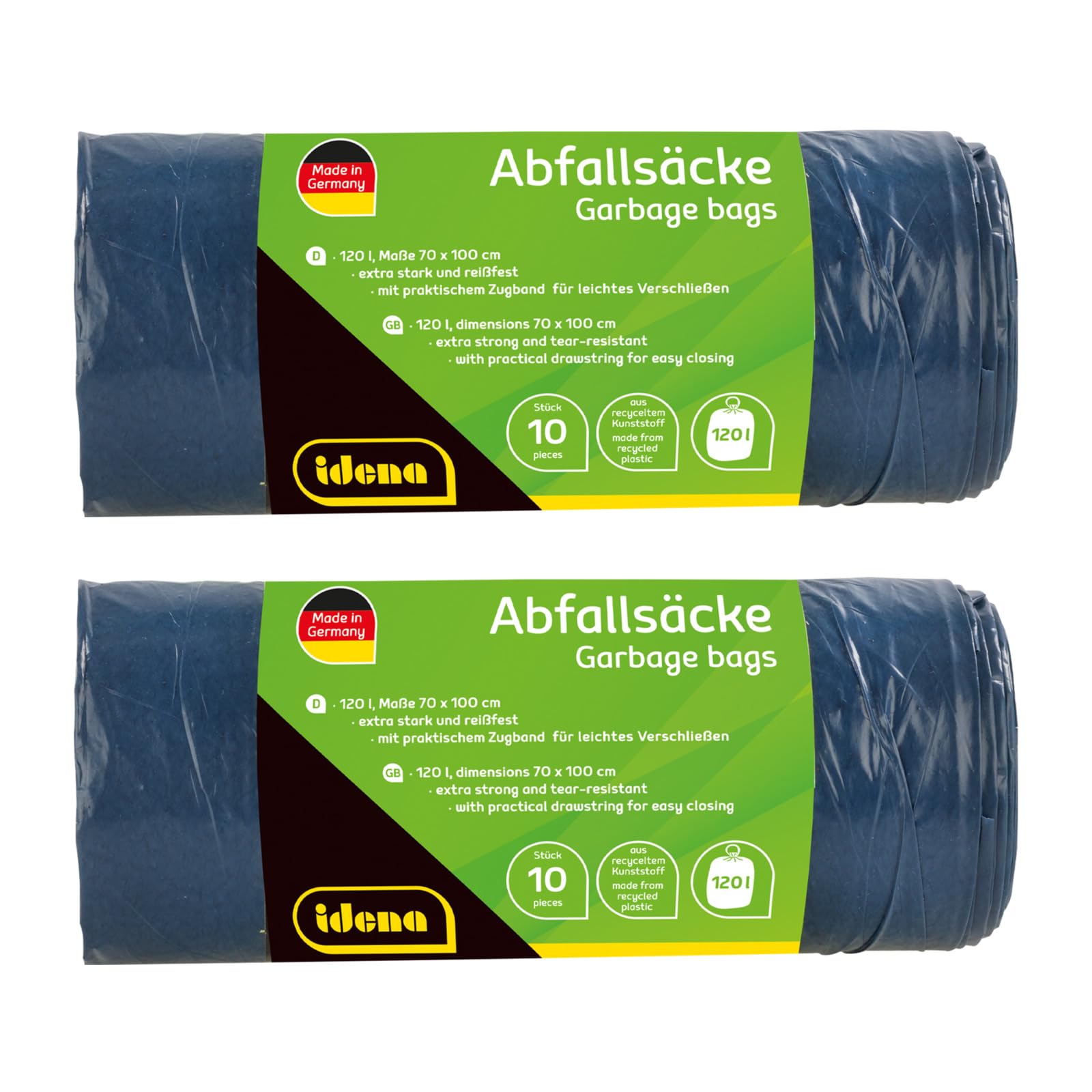 Idena 50056-2 Rubbish Bags Set, 2 Rolls of 10 Pieces, Blue, 120 Litres, 40µ Extra Strong and Tear-Resistant, with Practical Drawstring, Drawstring Bags