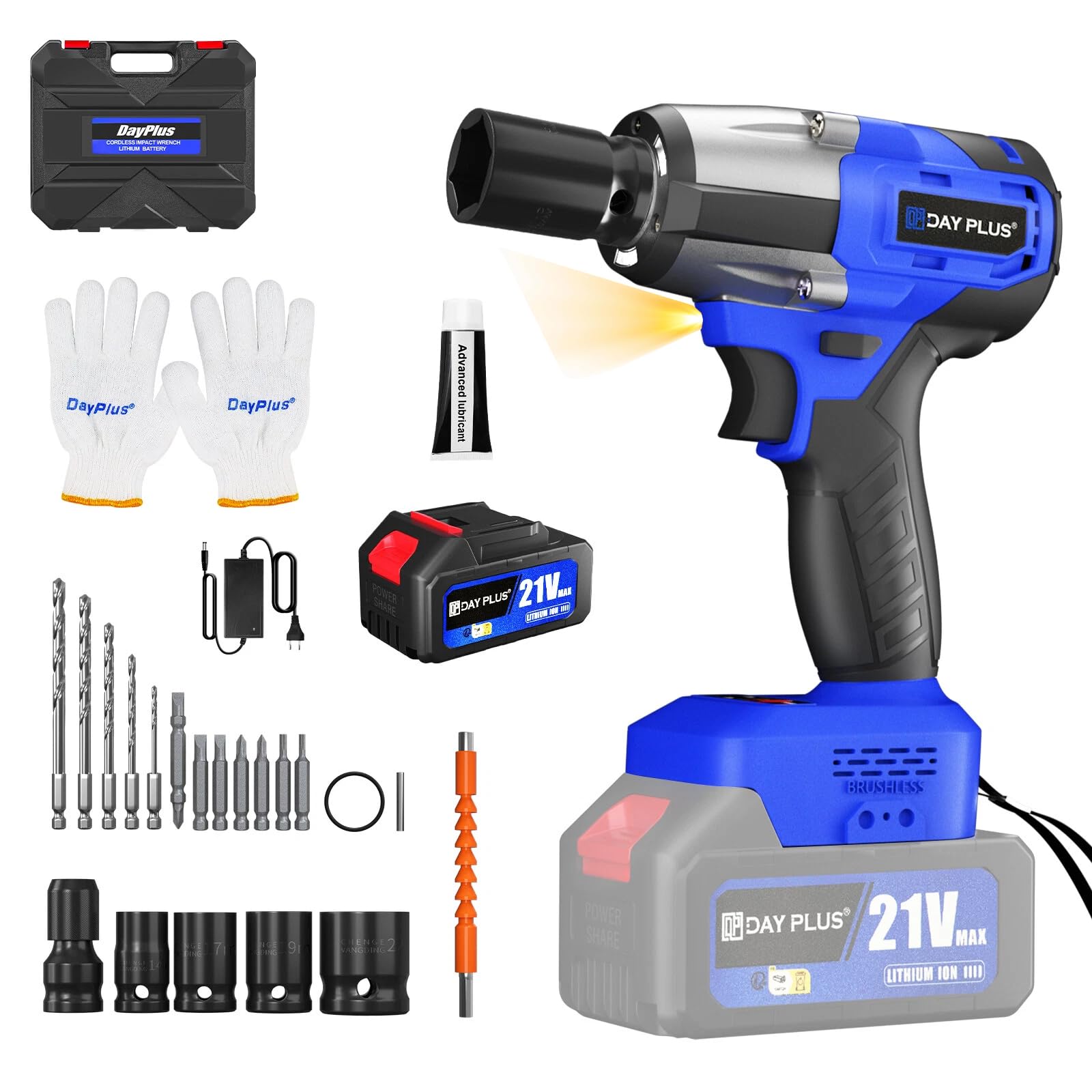 420Nm Wheel Wrench Electric for Car Tyre Scaffolding Lug Nut Removal Wheel Brace, 3200RMP, 1 x 6.0Ah Li-ion Battery, 4 Sockets and 12 Drill Bits