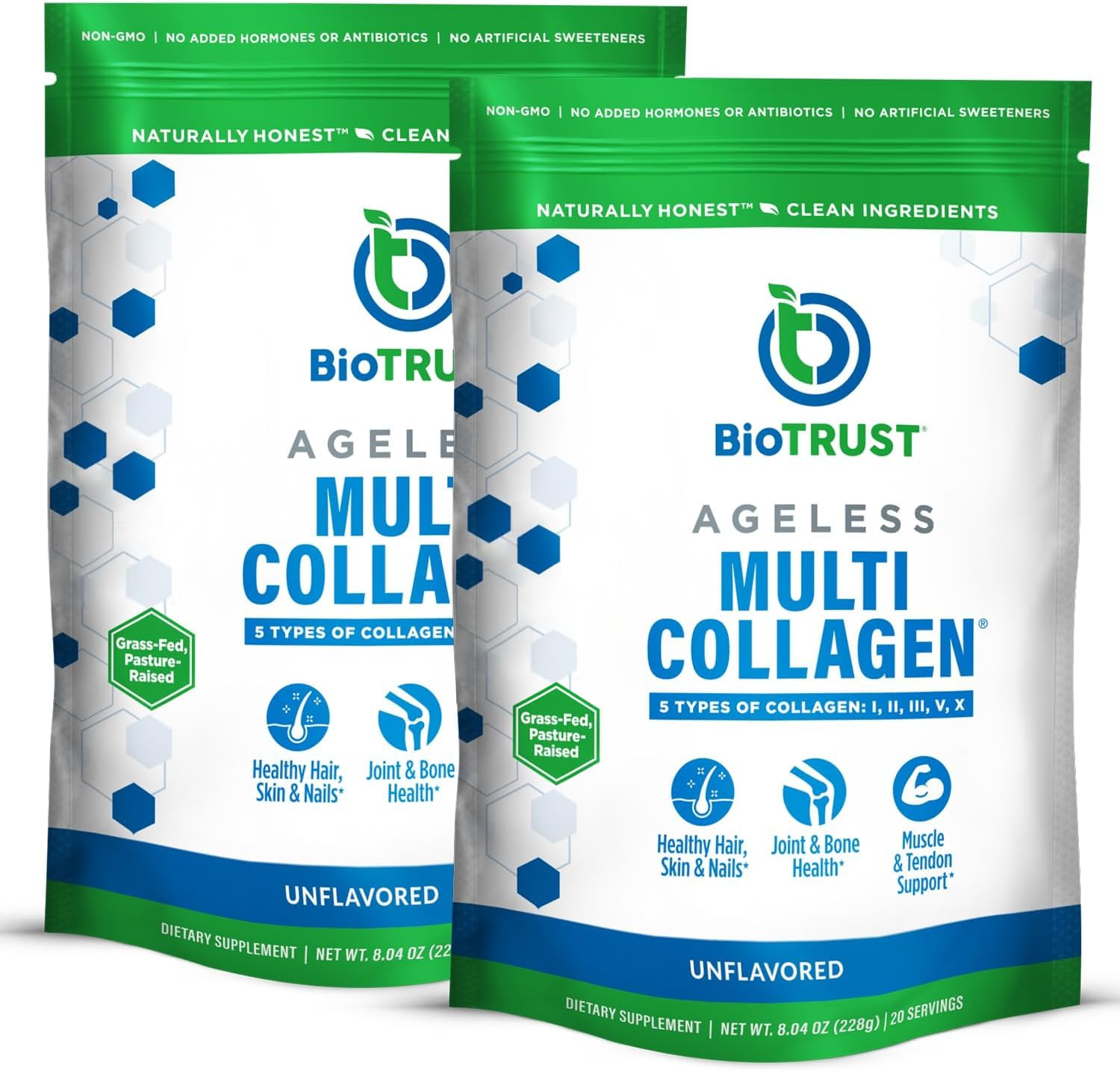 BioTrust Ageless Multi Collagen Peptides Powder - 5 Types (I, II, III, V, X) - Unflavored Collagen Powder for Women & Men - Hydrolyzed Protein - Grass Fed Beef, Fish, Chicken, Eggshell Membrane, 2-pk