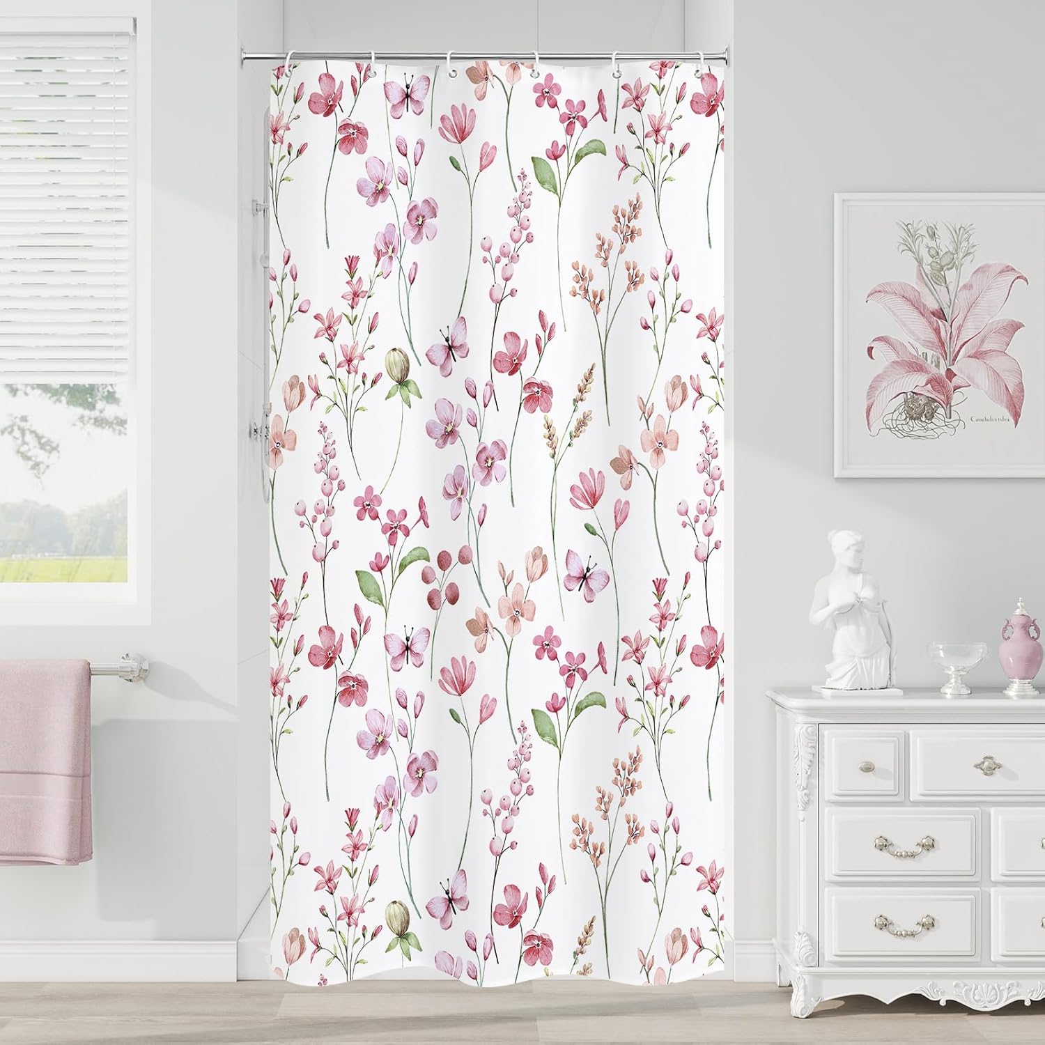 Extra Long Shower Curtain 72 x 84, Watercolor Floral Fabric Shower Curtain for Decorative Bathroom, Blue Butterfly Flower Waterproof Shower Curtain Set