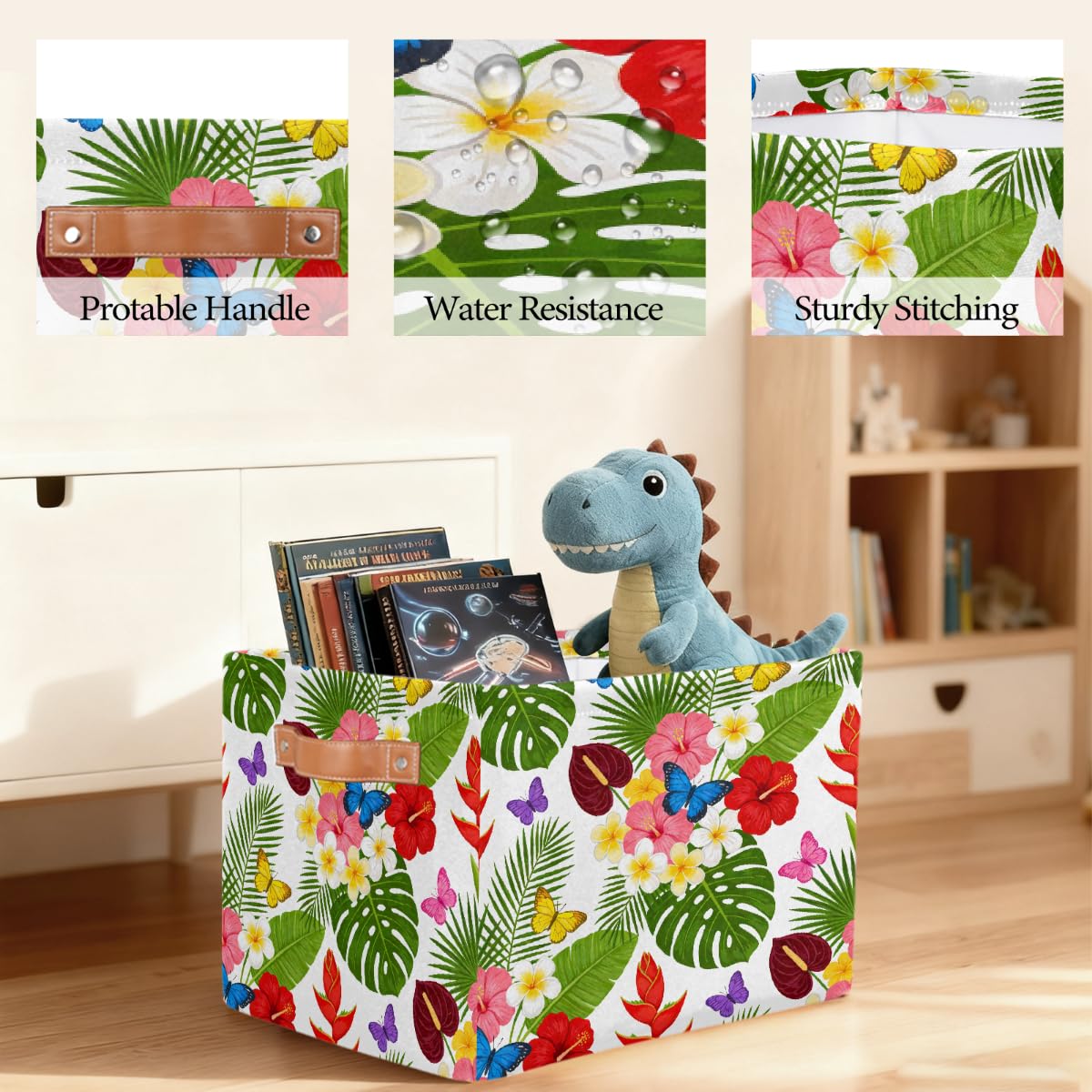 Rechteckiger Aufbewahrungskorb mit tropischen Blumen- und Schmetterlingsmustern, 2 Stück, faltbarer Stoff-Aufbewahrungskorb für Schrank, Badezimmer, Wohnzimmer, Büro, Spielzeug, Organizer