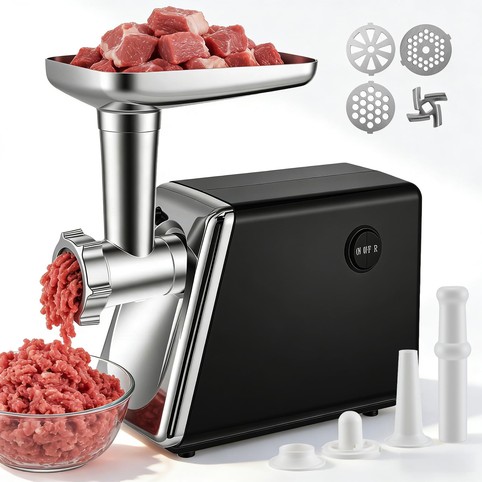 Hachoir À Viande Électrique 4 En 1 Pour Saucisses,Légumes,Fromage, Silencieux Et Protection Contre Surchauffe,En Acier Inoxydable Et Aluminium,Avec 3 Plaques De Coupe Et Remplisseur De Saucisses