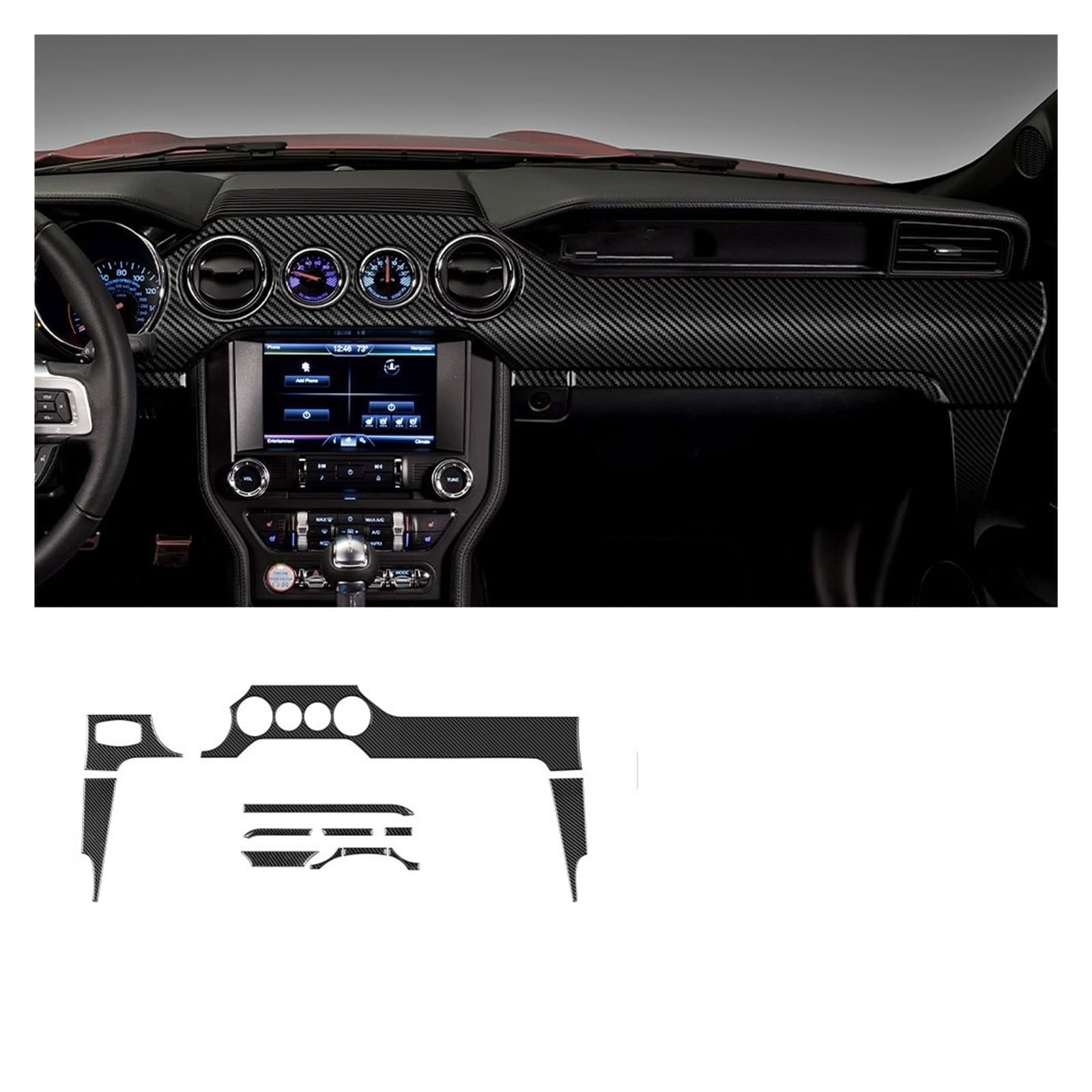 for Mustang 2015 2016 2017 2018 2019 2020 2021 2022 Carbon Fiber Car Dashboard Panel Interior Trim Sticker RHD LHD Car Trim Interior(4 Holes LHD)