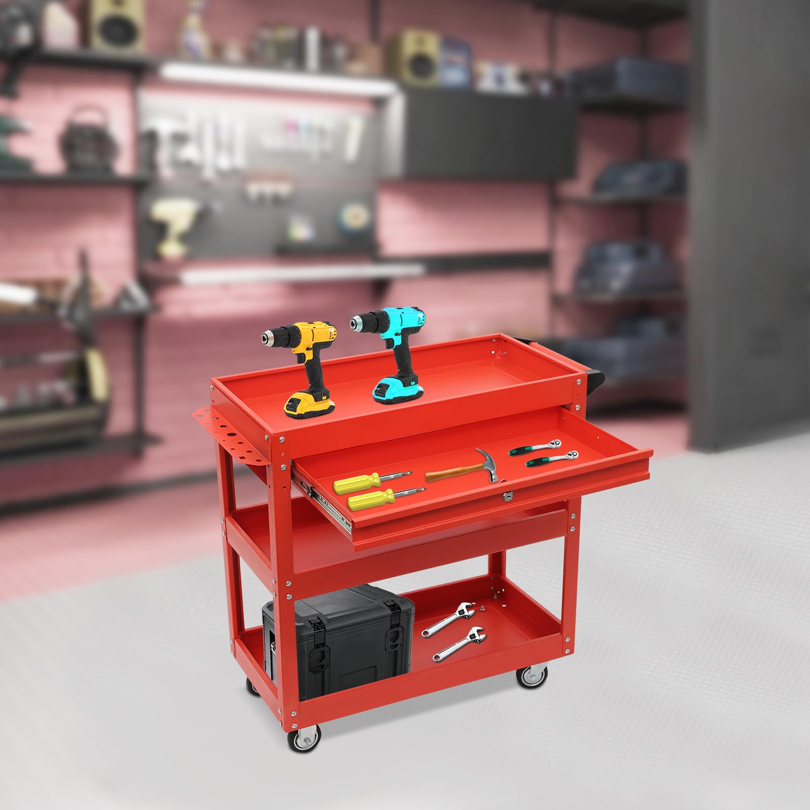 Carrello da officina con 3 ripiani, portata fino a 150 kg | Carrello da officina con ruote, carrello di trasporto con cassetto, per attrezzi garage officina