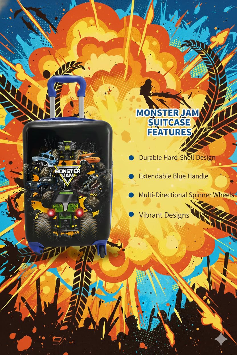 Disney Charcter - Maleta rígida de 20 pulgadas para niños y niñas, bonita y duradera maleta rígida para viajes con ruedas giratorias de 20 x 12 x 8 pulgadas, Monster Jam 50.8 cm, Hard Luggage